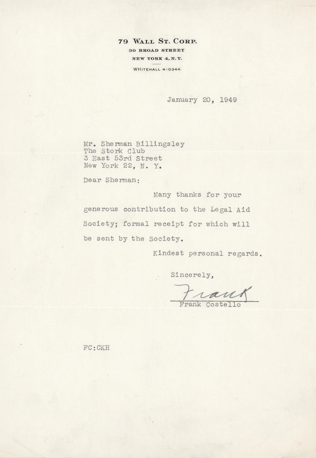 Frank Costello Typed Letter Signed to Stork Club Owner Sherman Billingsley