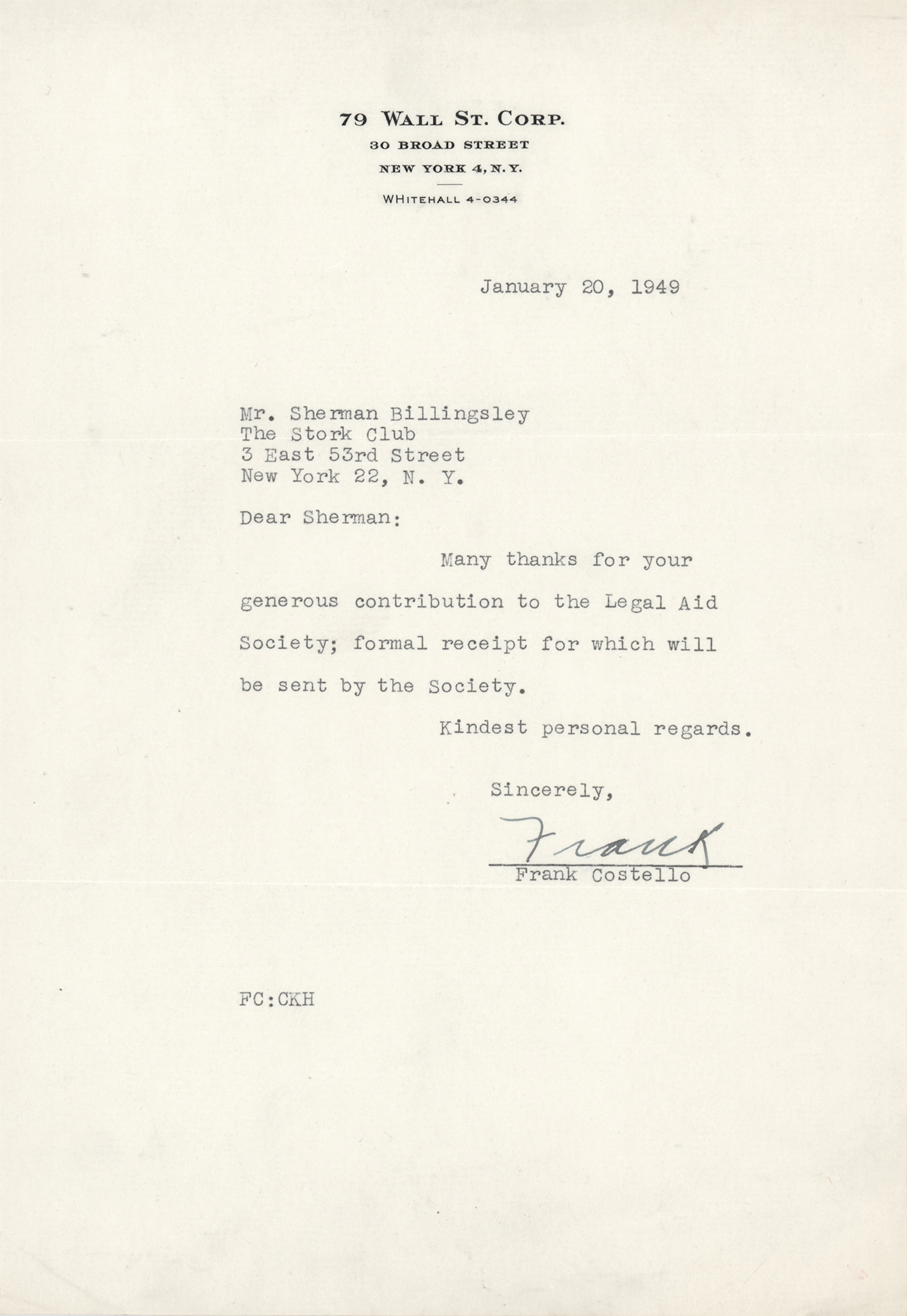 Frank Costello Typed Letter Signed to Stork Club Owner Sherman Billingsley