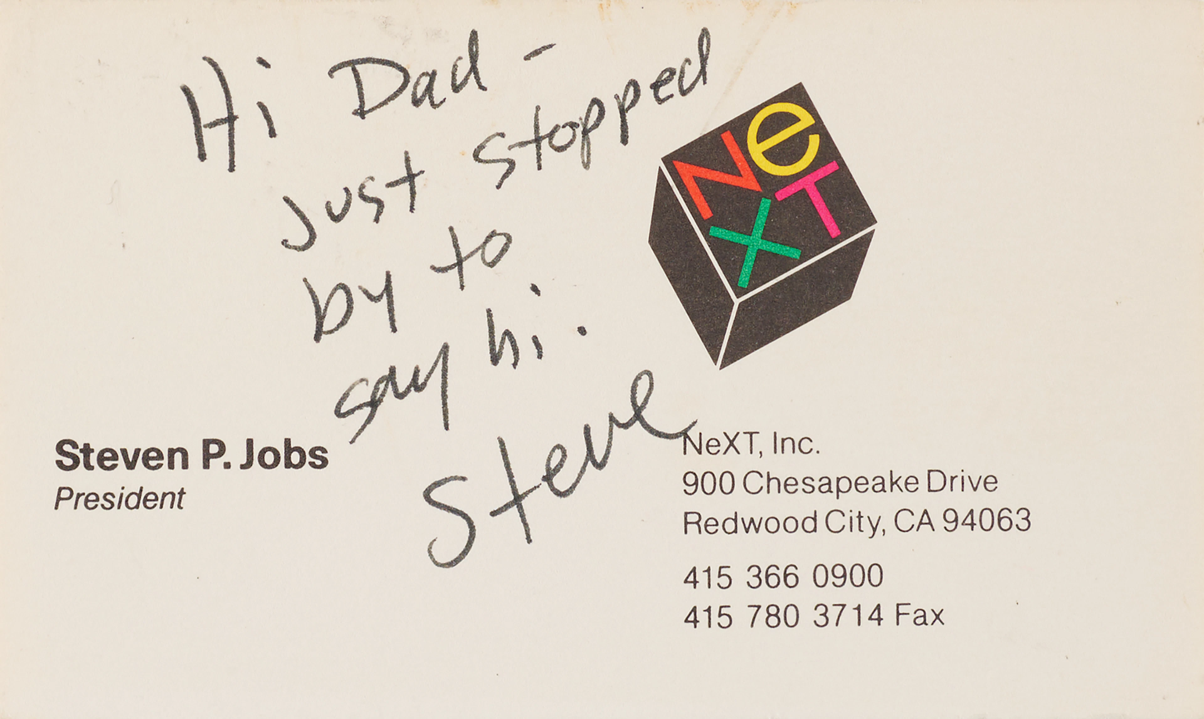 Steve Jobs Signed NeXT, Inc. Business Card with Handwritten Note to His Father