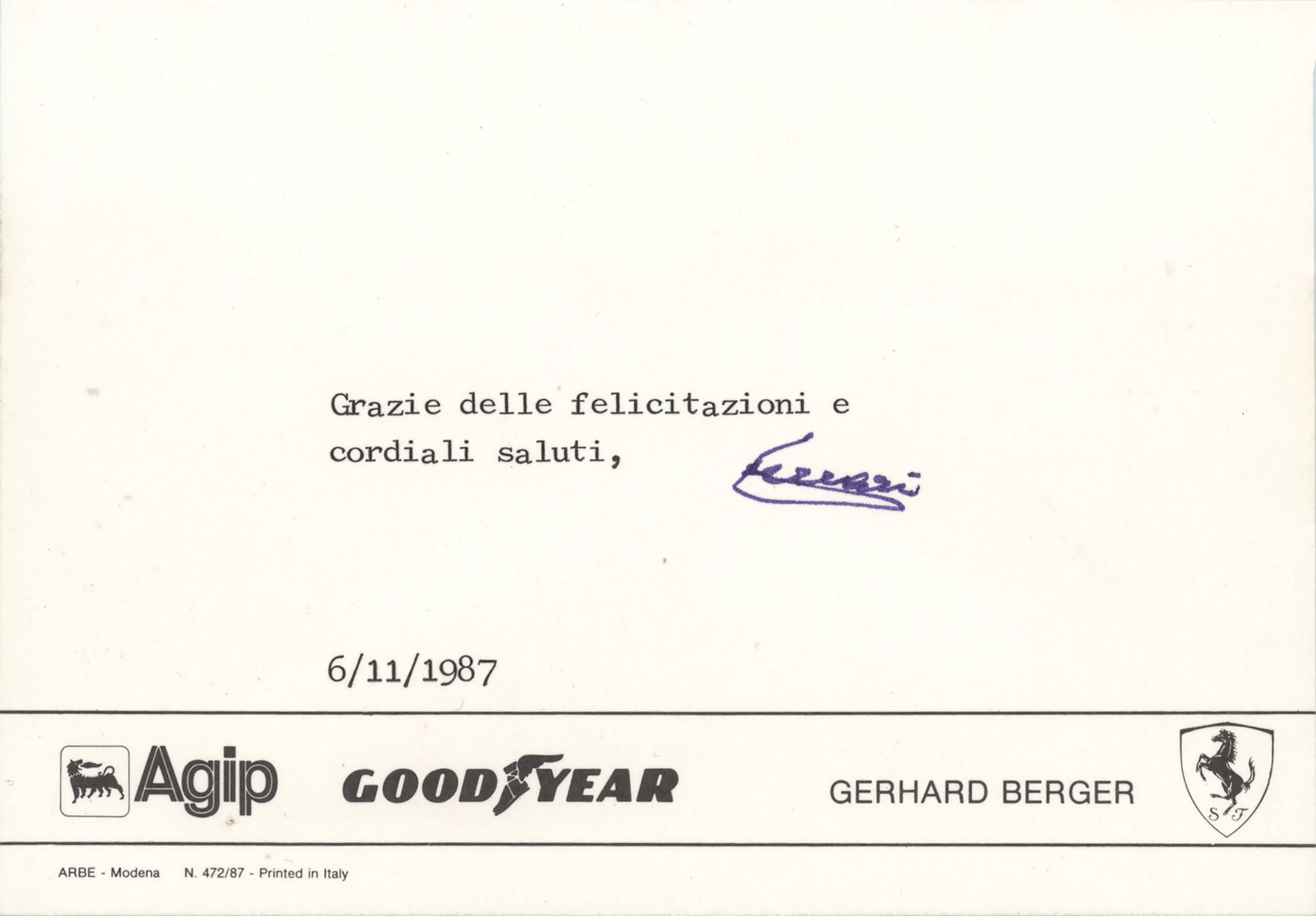 Enzo Ferrari Typed Note Signed