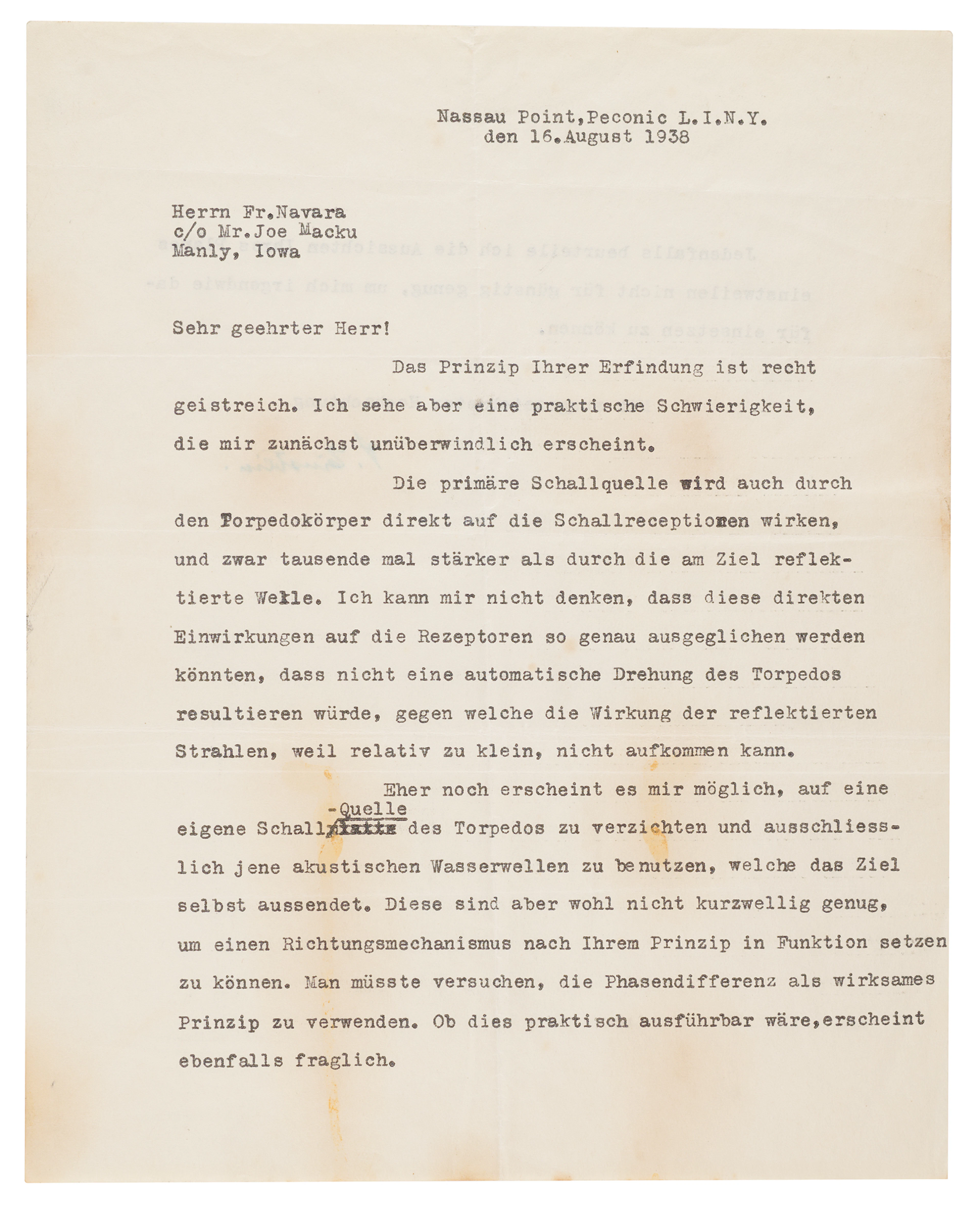 Albert Einstein Typed Letter Signed, Assessing a Sonar-Guided Torpedo
