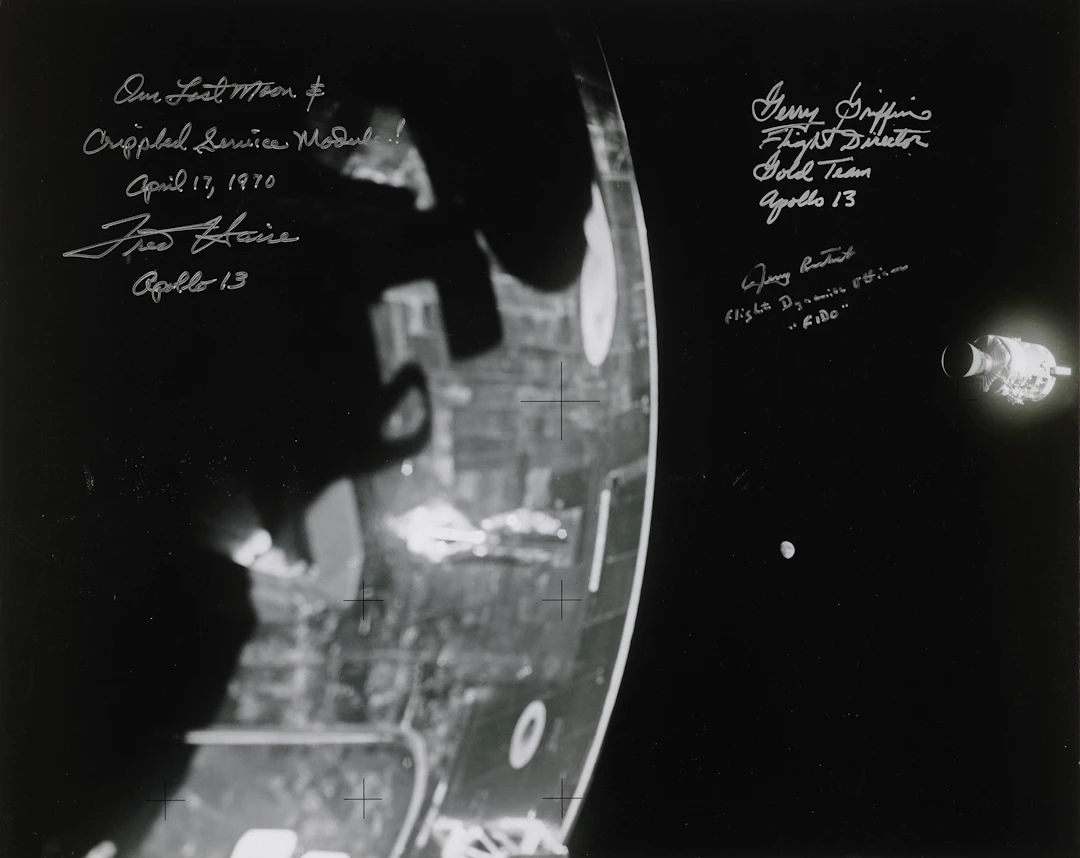 Fred Haise, Gerry Griffin, Jerry Bostick Signed Oversized 'Lost Moon'