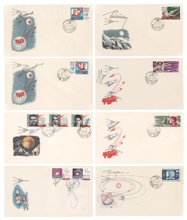 Cosmonaut Signed KNIGA Covers (8) with Gagarin, Tereshkova, Leonov, and Komarov