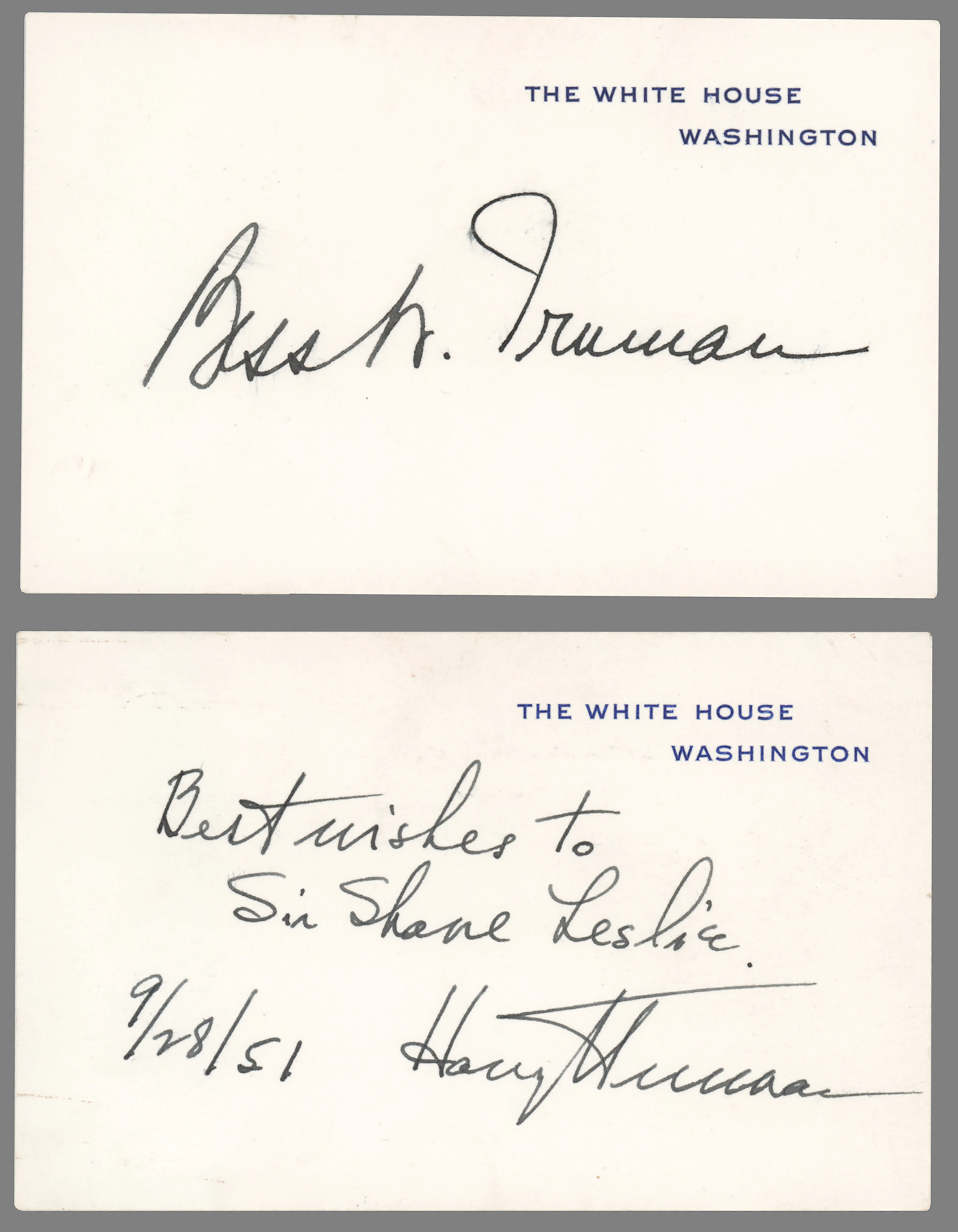 Harry and Bess Truman (2) Signed White House Cards