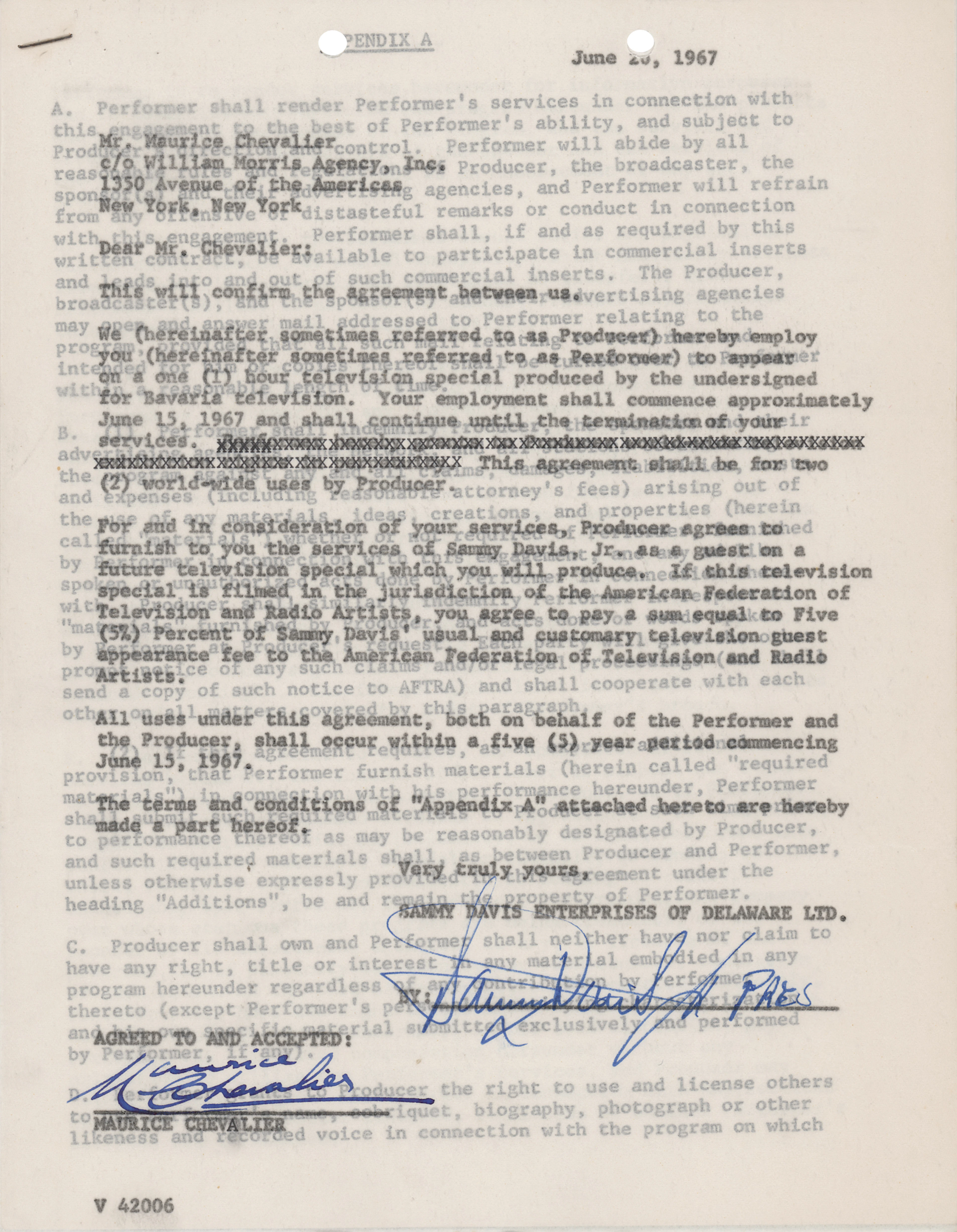 Sammy Davis, Jr. and Maurice Chevalier Signed 1967 Television Special Agreement