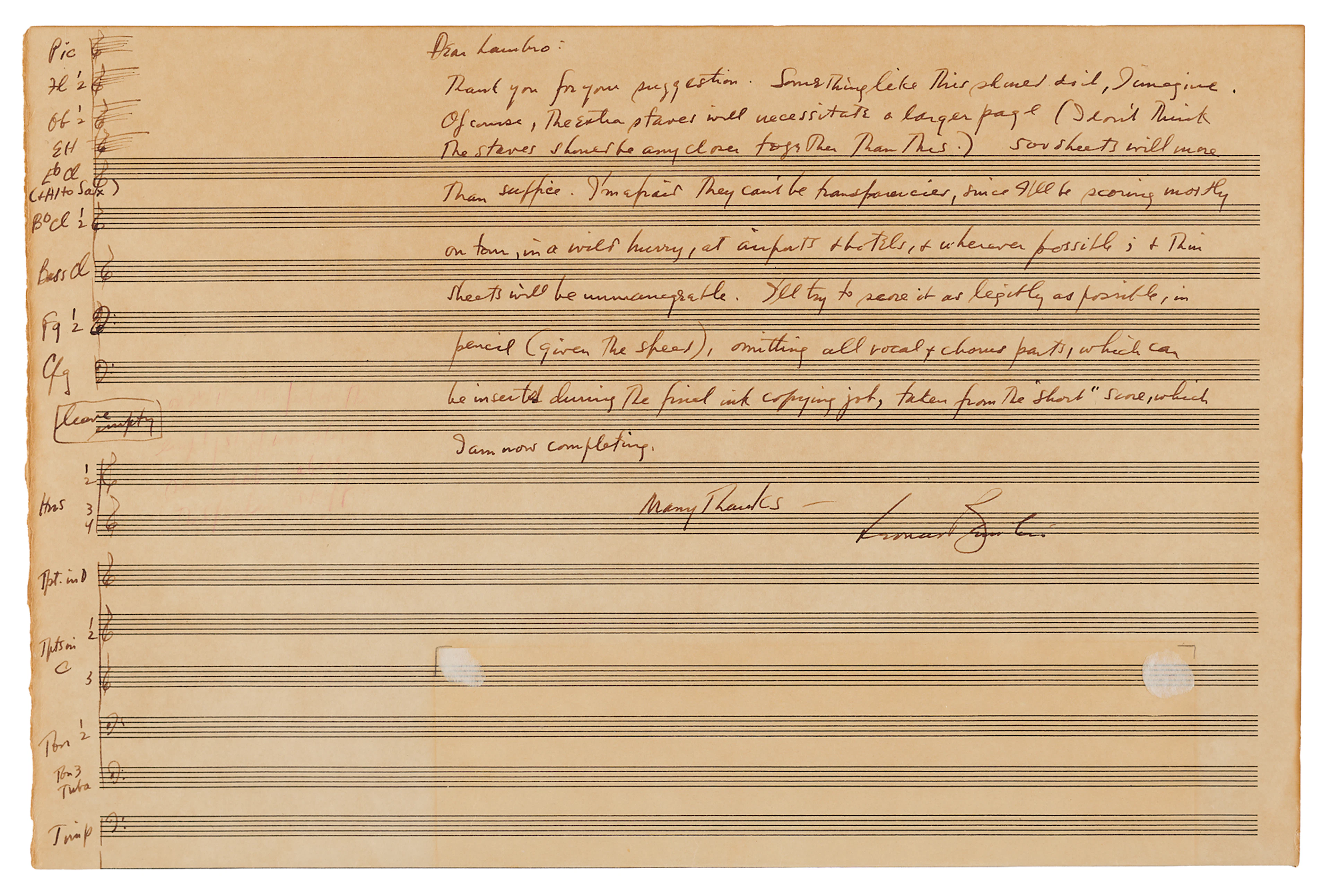 Leonard Bernstein Autograph Orchestration Page Signed for His Symphony