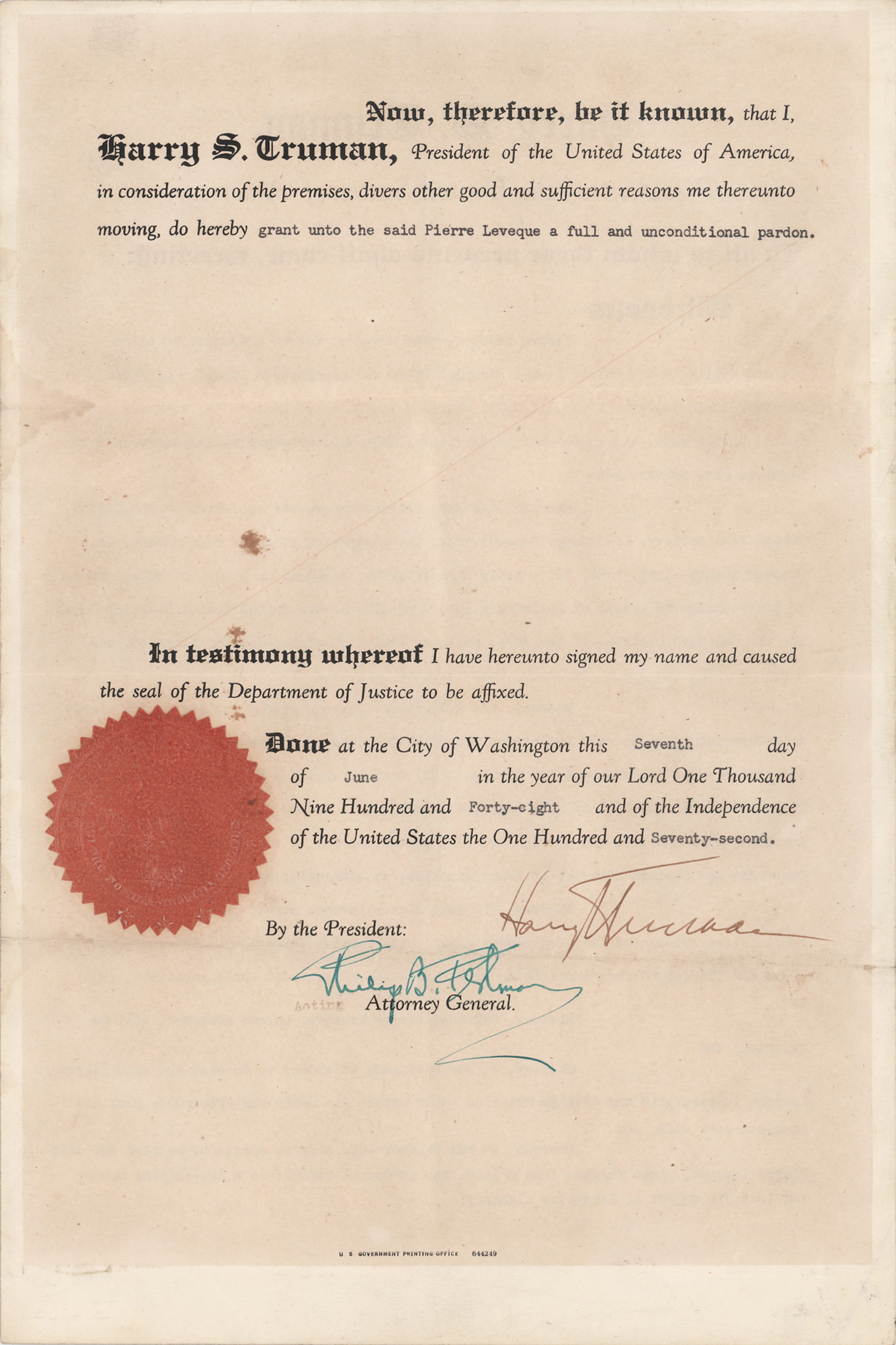 Harry S. Truman Document Signed as President, Granting a Pardon on