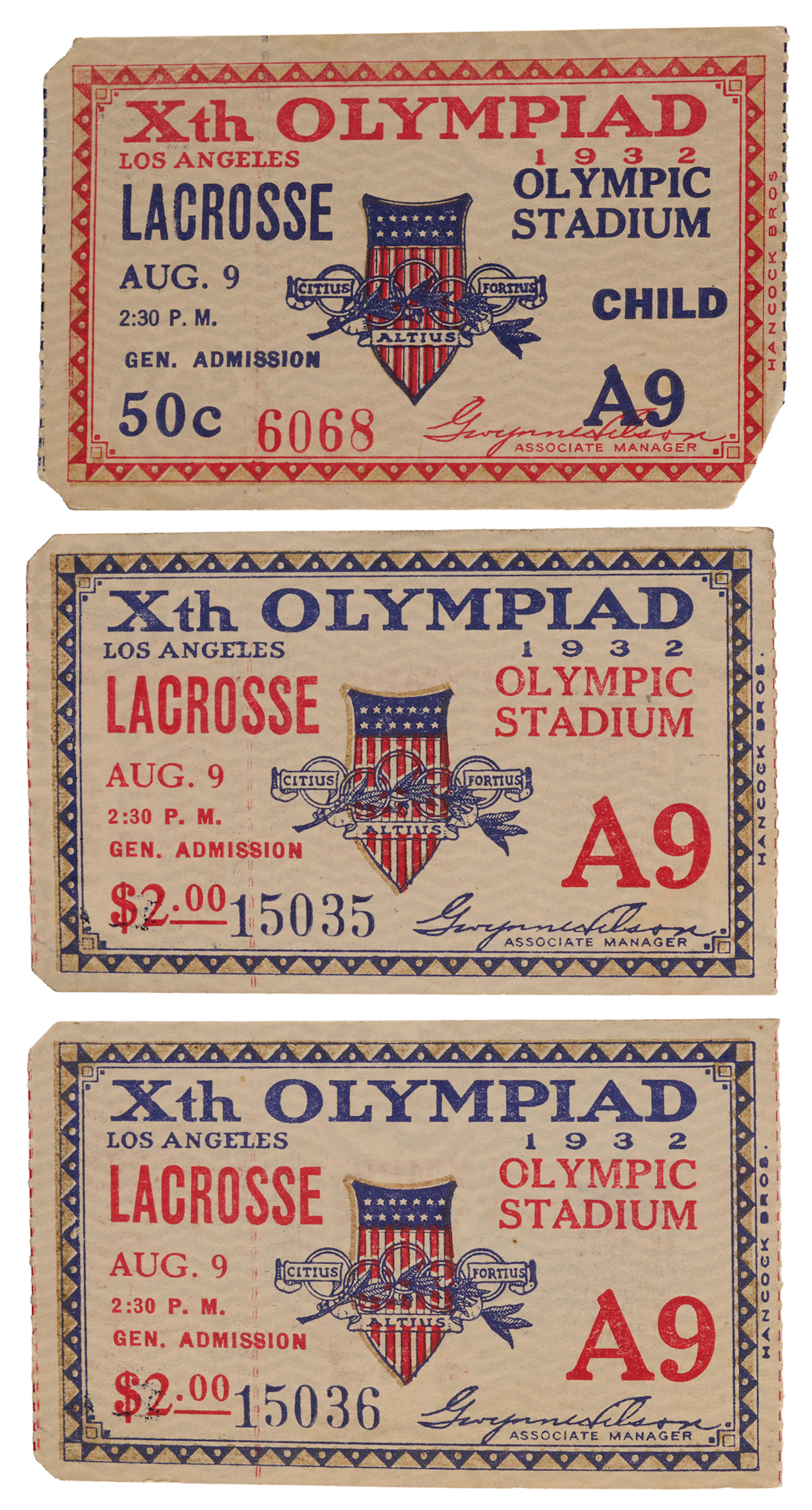 Los Angeles 1932 Summer Olympics (3) Lacrosse Tickets