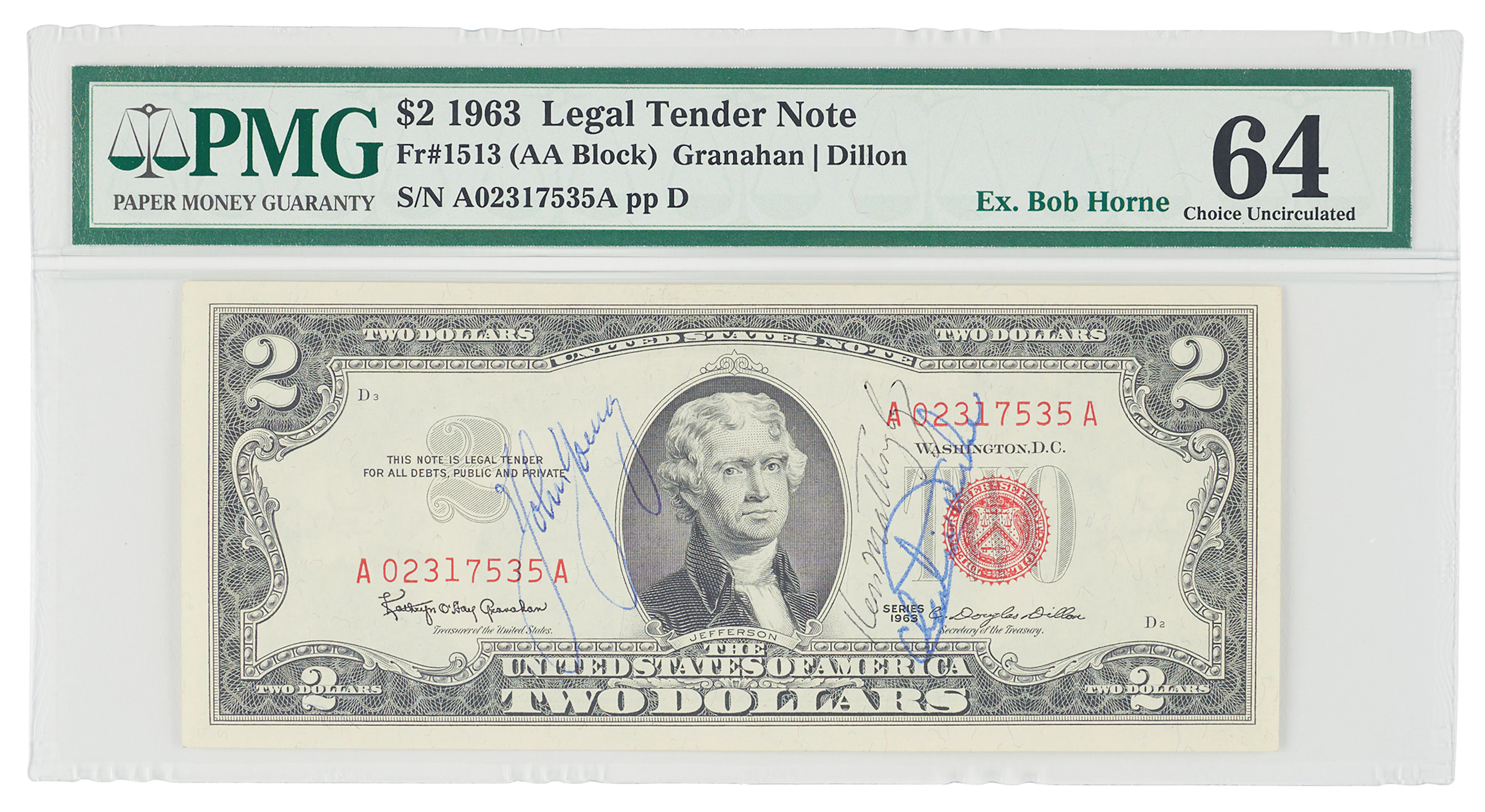 Apollo 16 Flown $2 Dollar Bill, Signed by John Young, Charlie Duke
