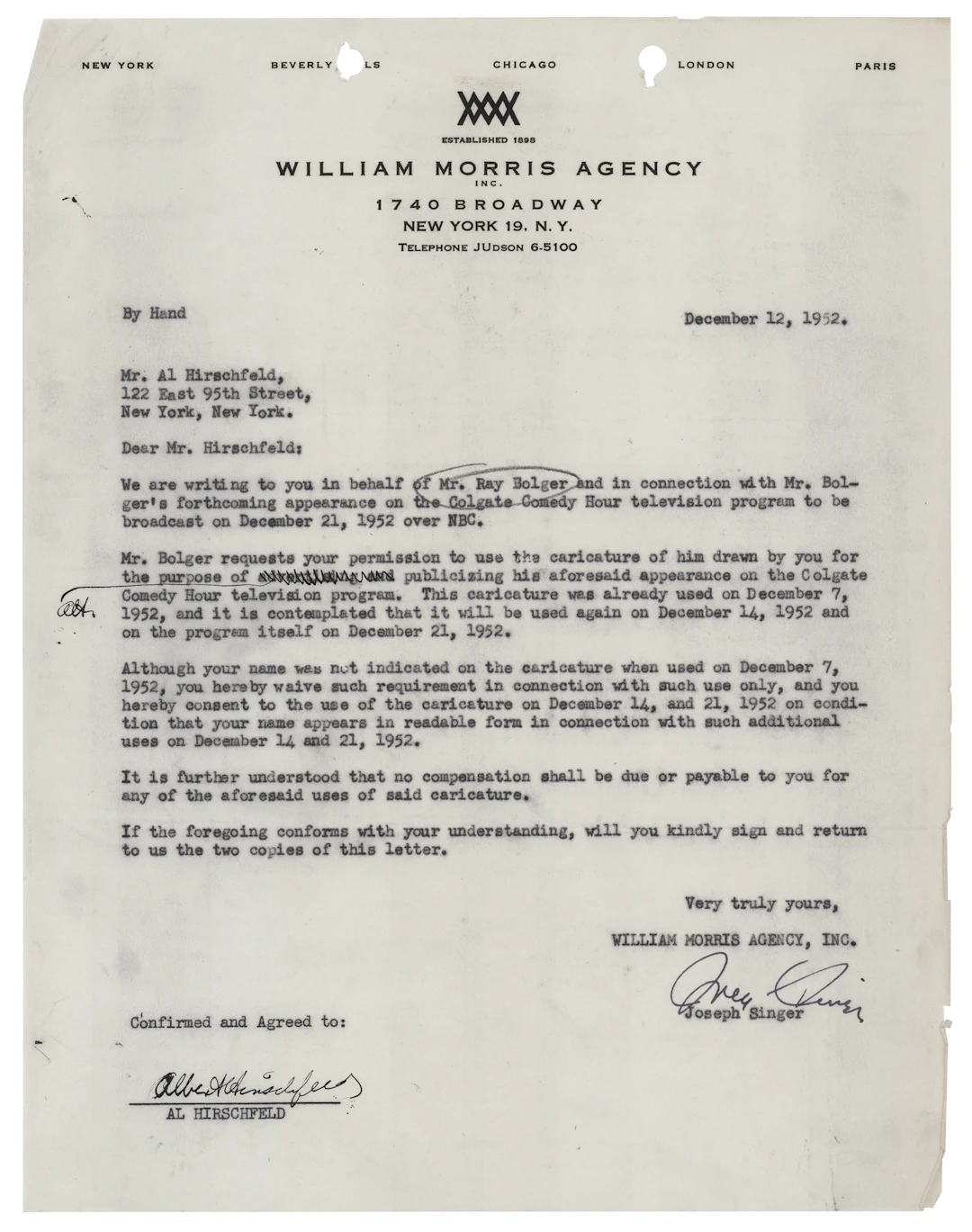 Al Hirschfeld Signed Agreement Authorizing Use of His Ray Bolger Caricature