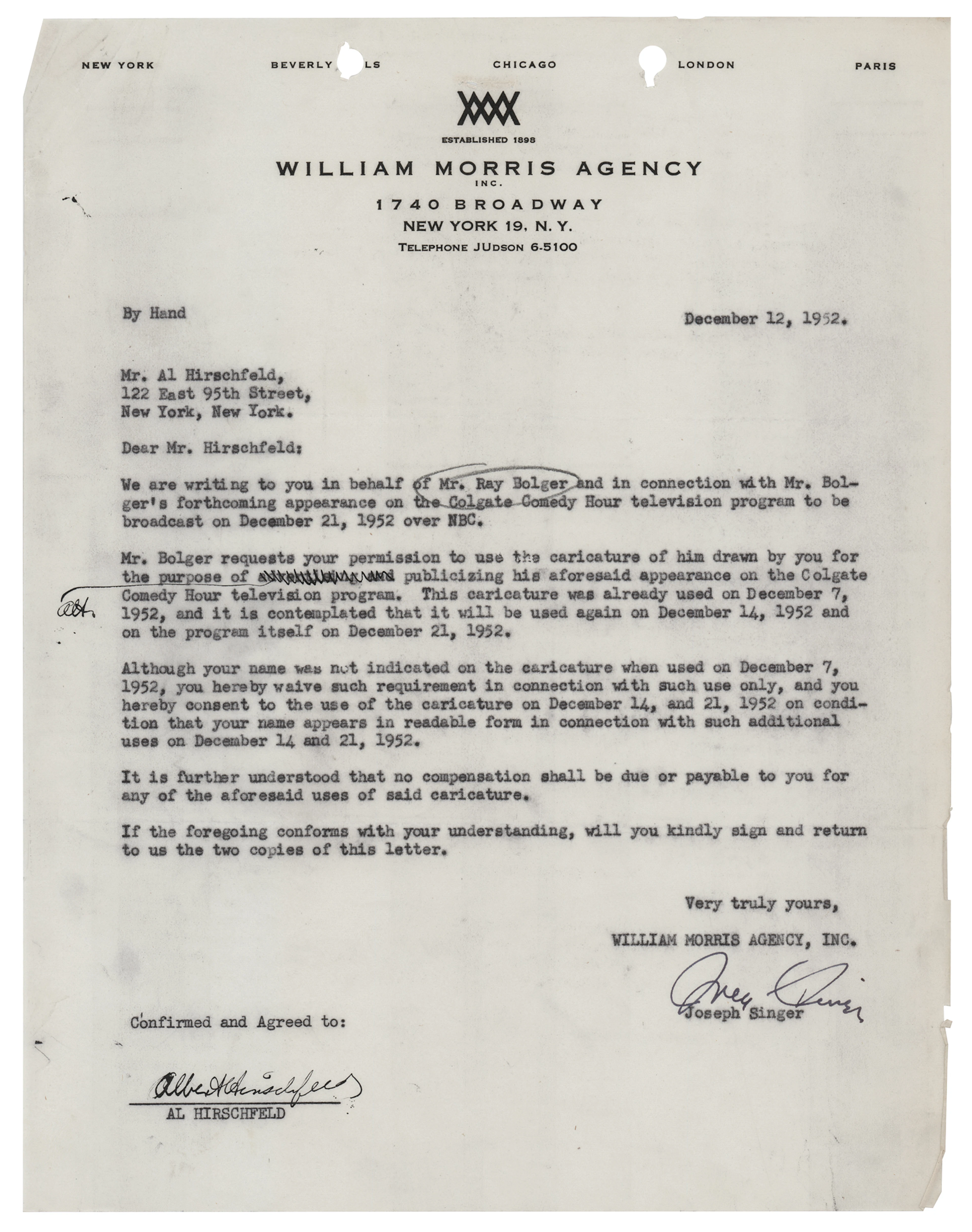 Al Hirschfeld Signed Agreement Authorizing Use of His Ray Bolger Caricature