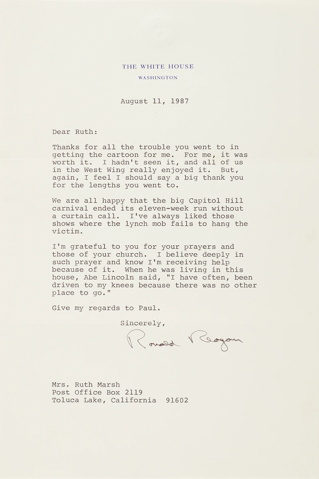 Ronald Reagan Typed Letter Signed as President on the Iran-Contra