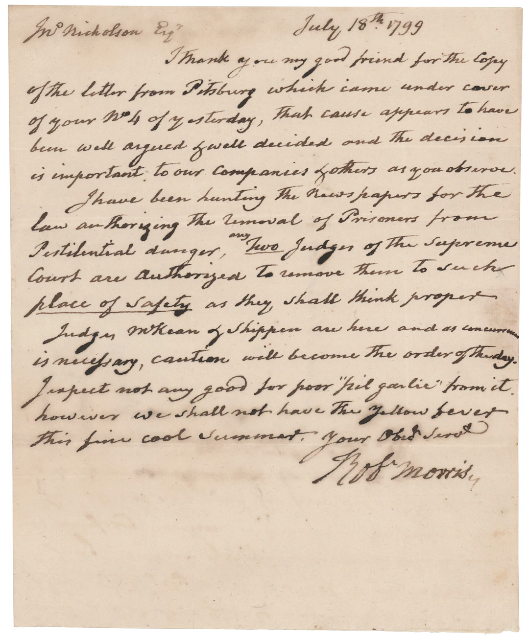 Robert Morris Autograph Letter Signed from Debtors’ Prison on the