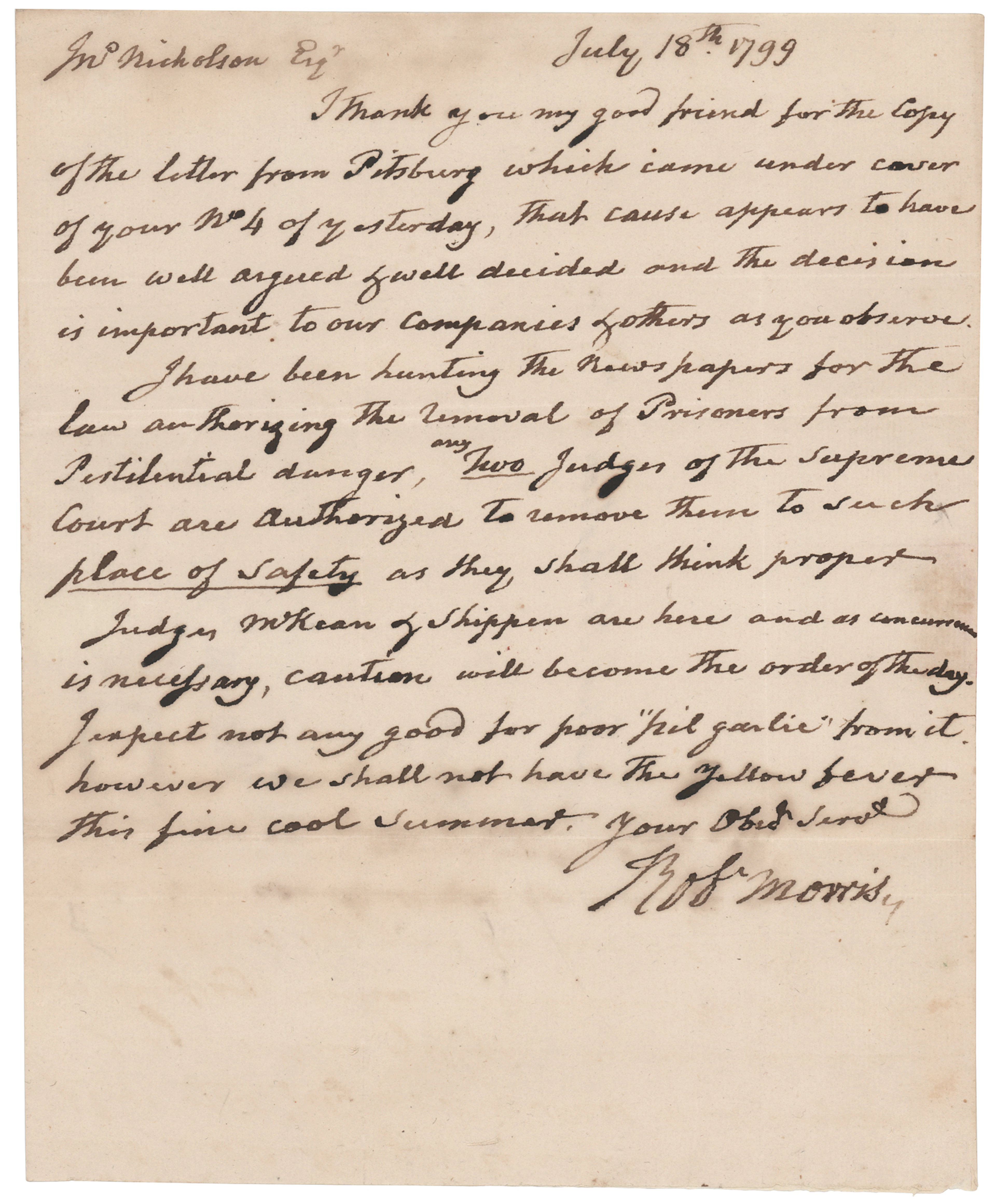 Robert Morris Autograph Letter Signed from Debtors’ Prison on the