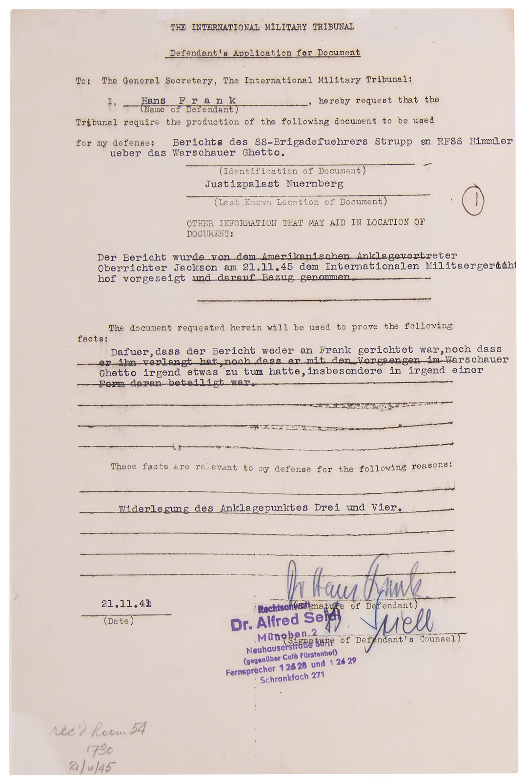 Hans Frank Document Signed at Nuremberg, Requesting the 'Stroop Report'