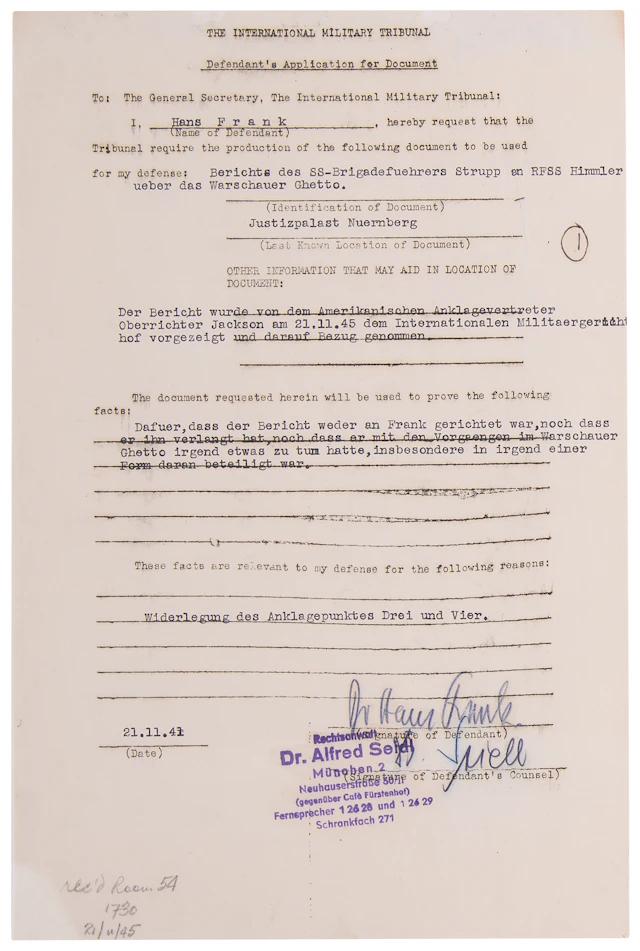 Hans Frank Document Signed at Nuremberg, Requesting the 'Stroop Report'