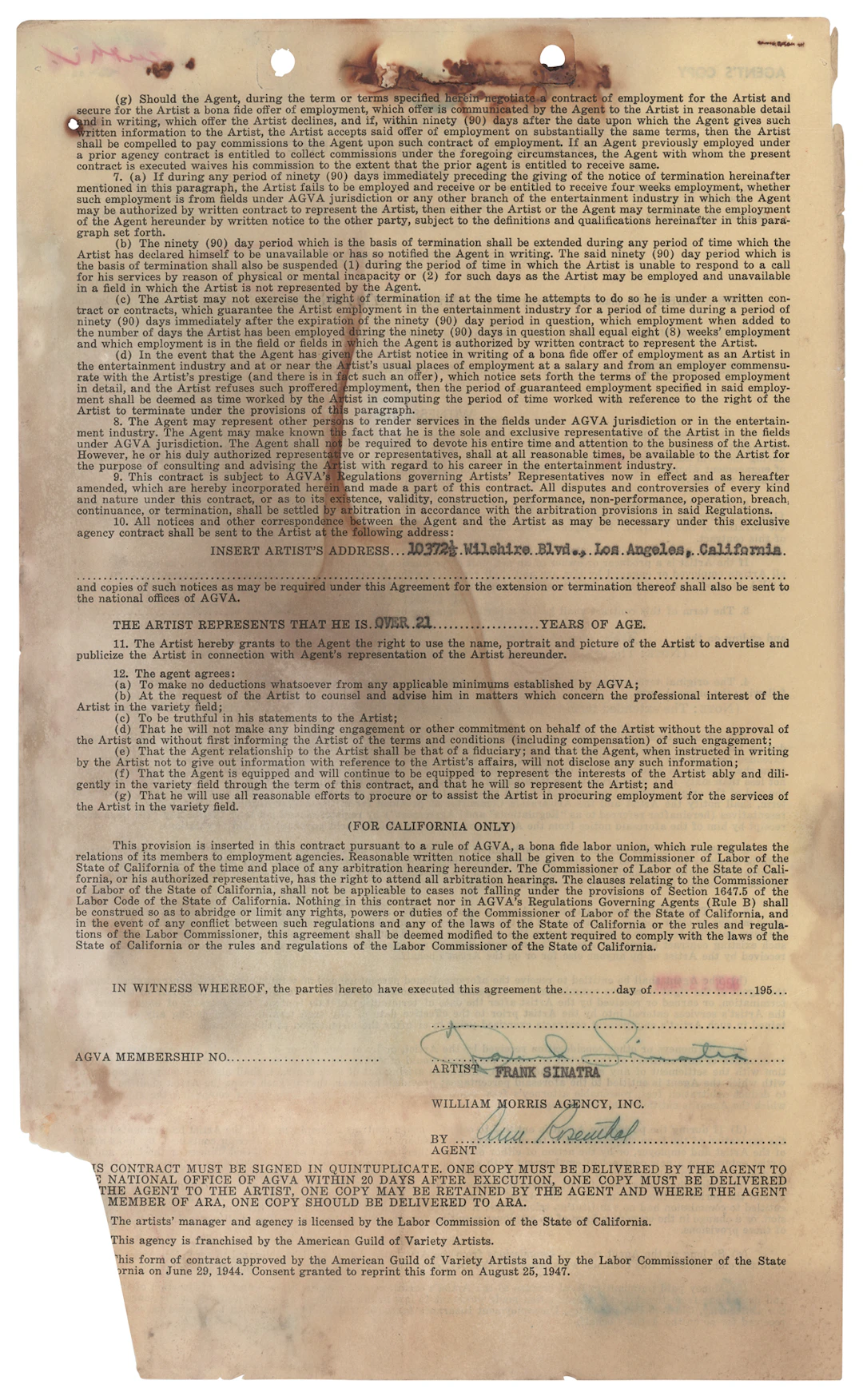 Frank Sinatra Agency Contract Signed at the Height of His Mid-1950s