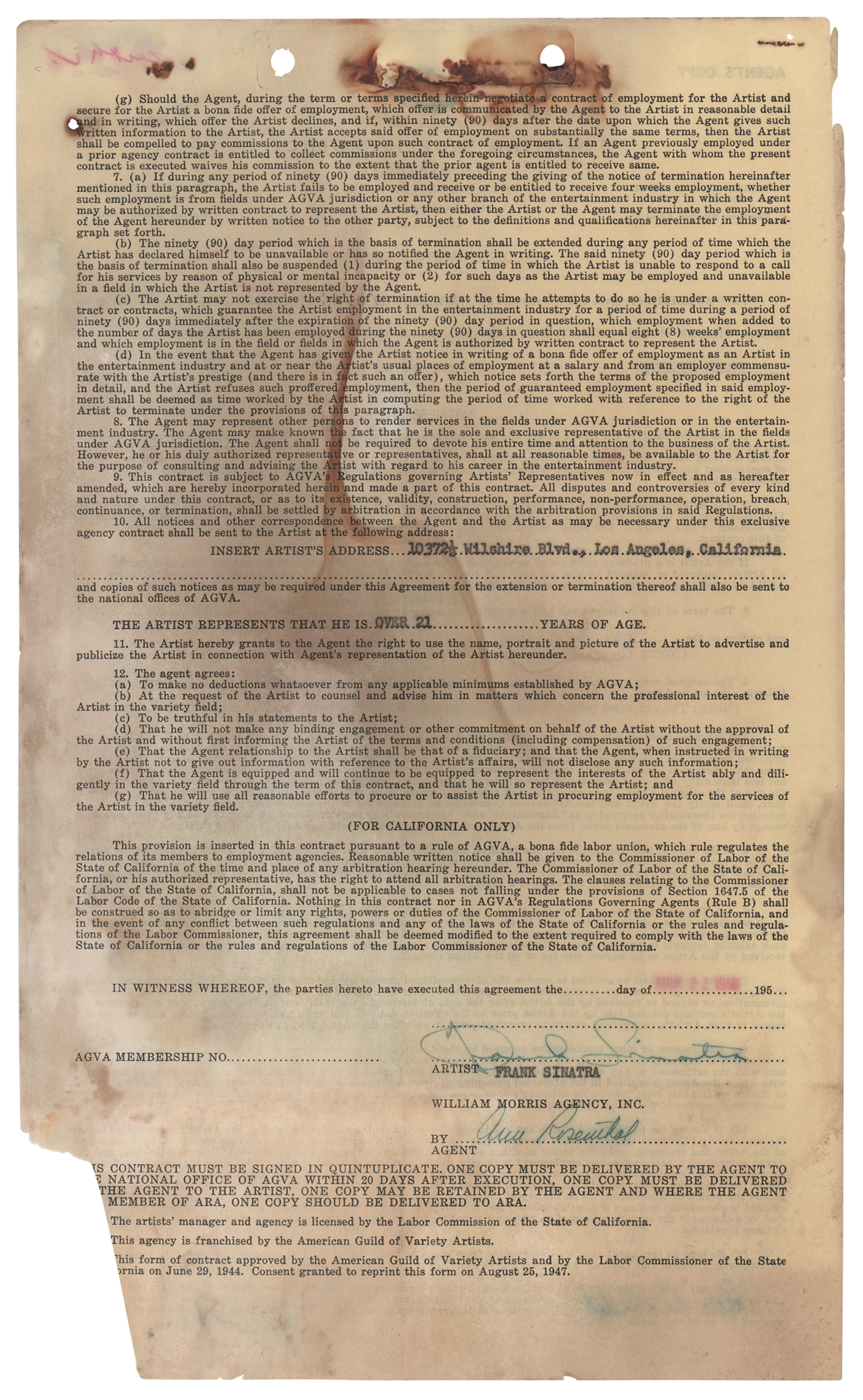 Frank Sinatra Agency Contract Signed at the Height of His Mid-1950s