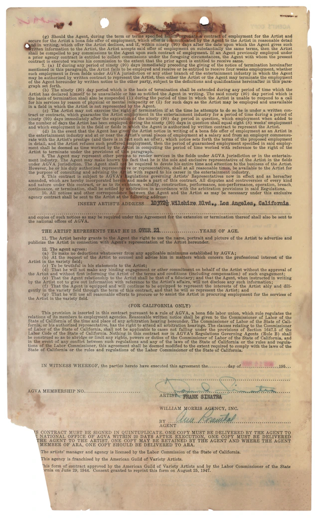 Frank Sinatra Agency Contract Signed at the Height of His Mid-1950s