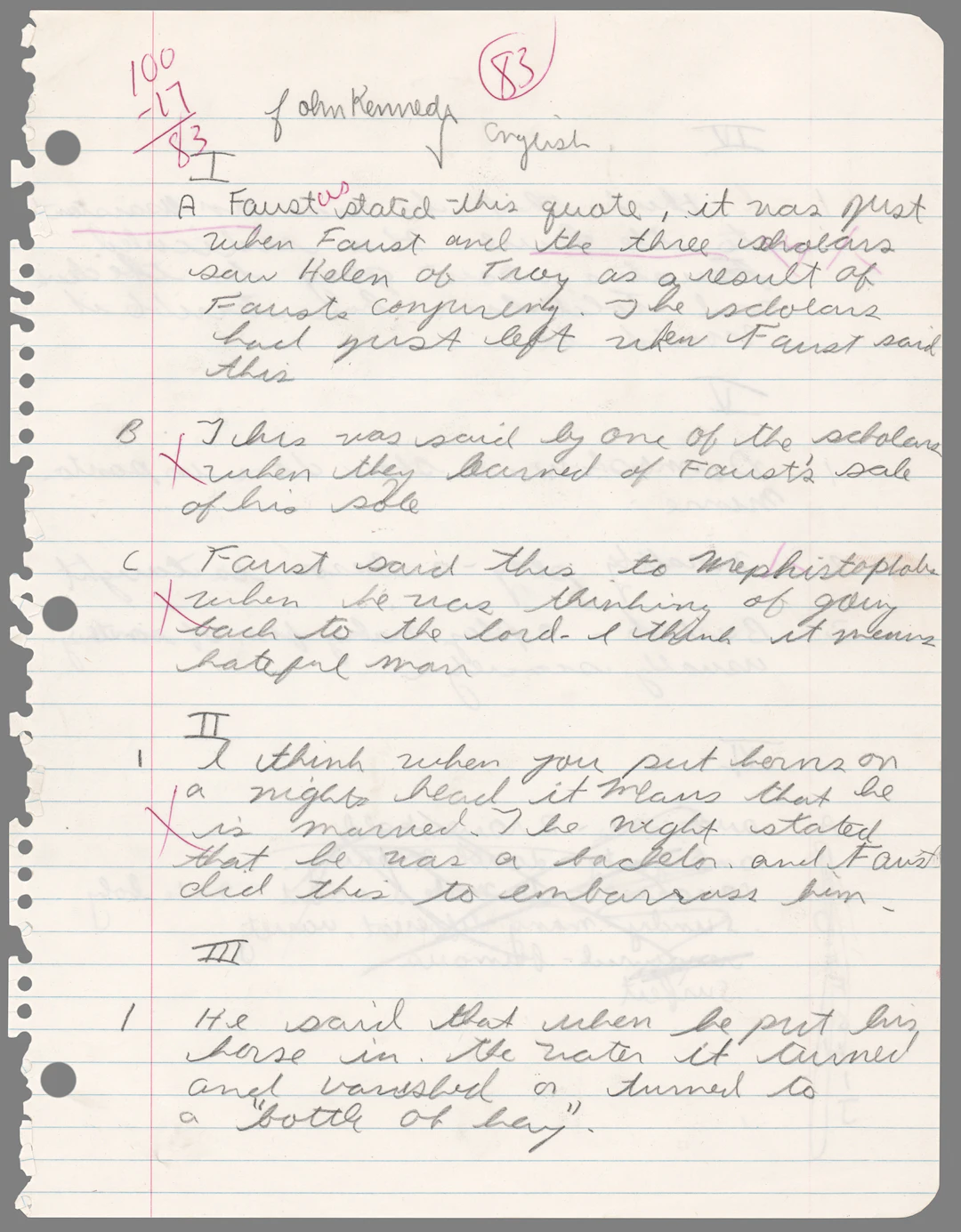 John F. Kennedy, Jr. Autograph Manuscript Signed - Middle School English