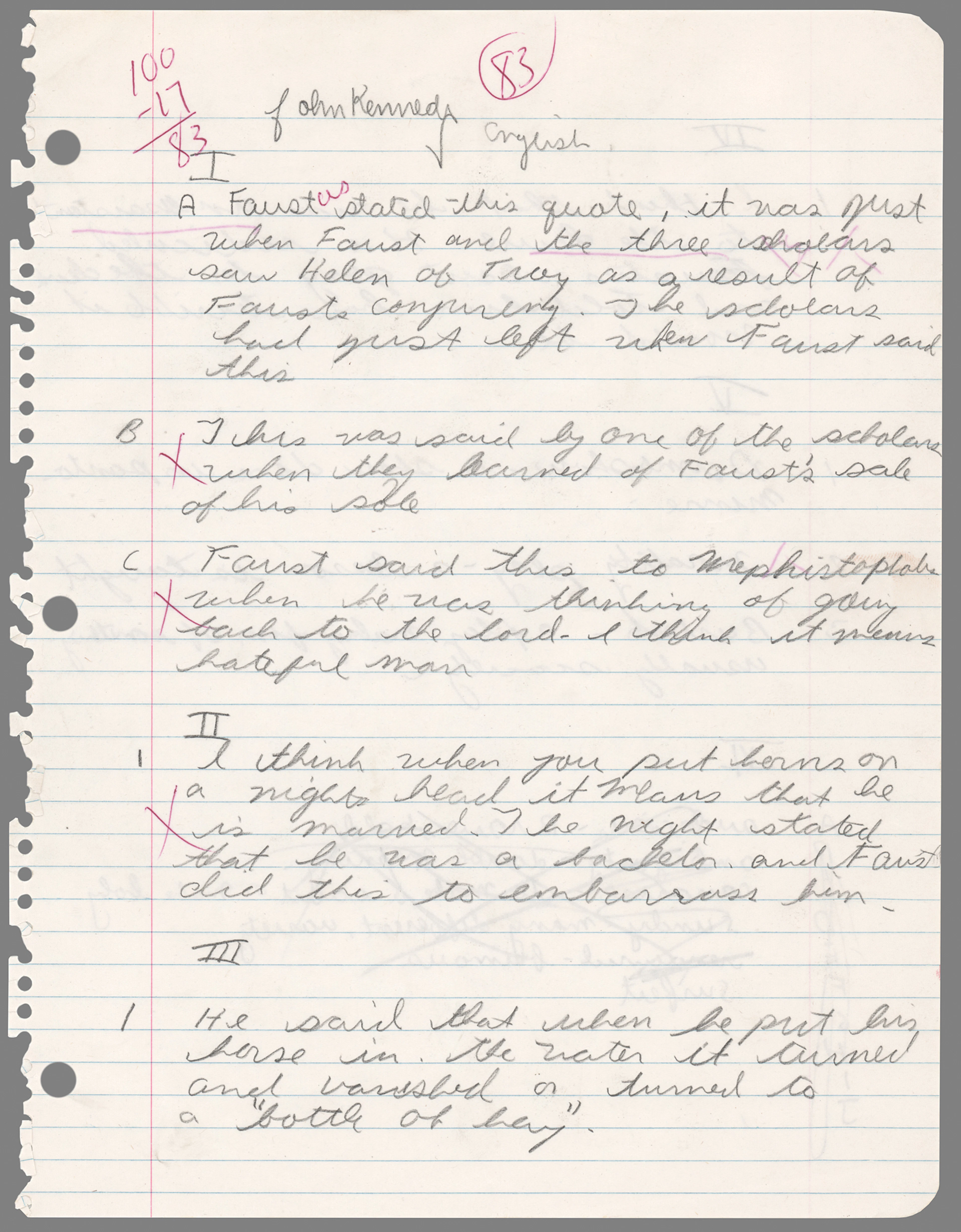 John F. Kennedy, Jr. Autograph Manuscript Signed - Middle School English