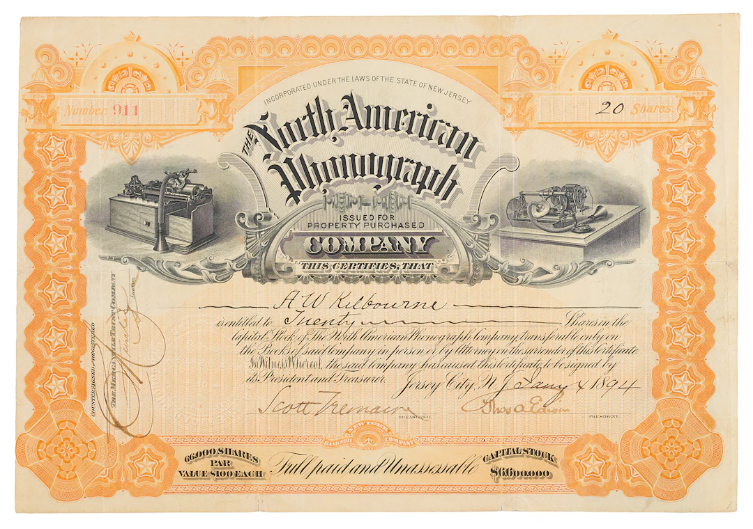 Thomas Edison Rare Signed North American Phonograph Company Stock