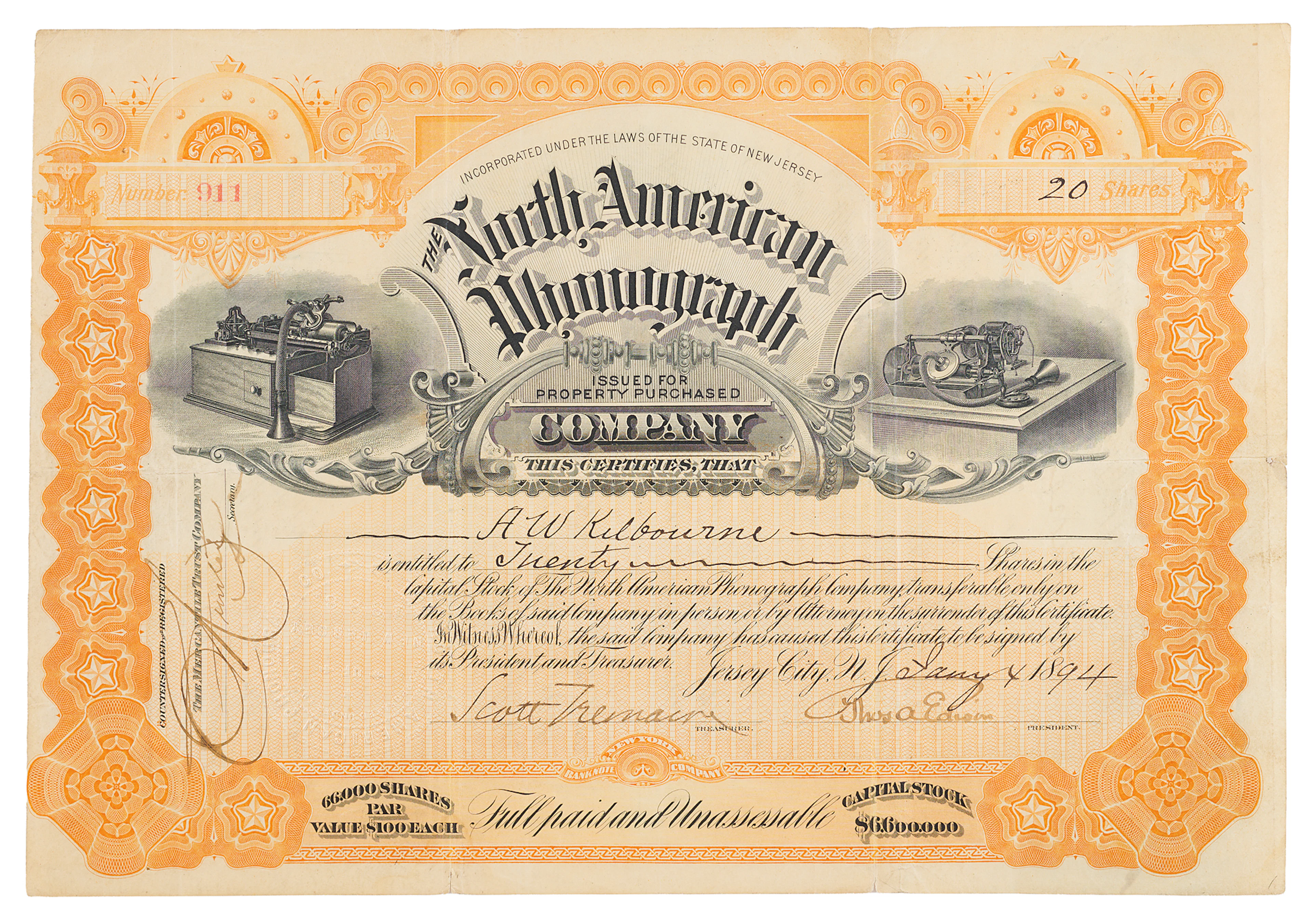 Thomas Edison Rare Signed North American Phonograph Company Stock