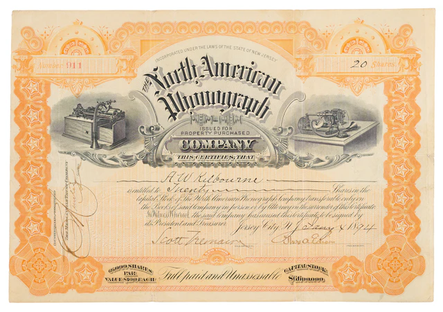 Thomas Edison Rare Signed North American Phonograph Company Stock