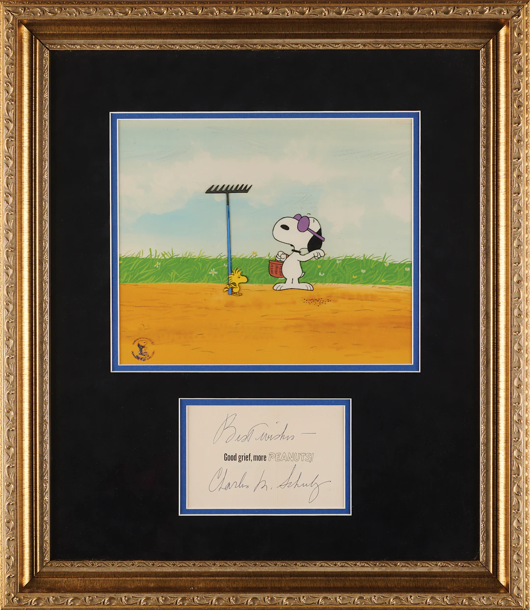 Charles Schulz Signature and Peanuts Production Cel with Snoopy and Woodstock