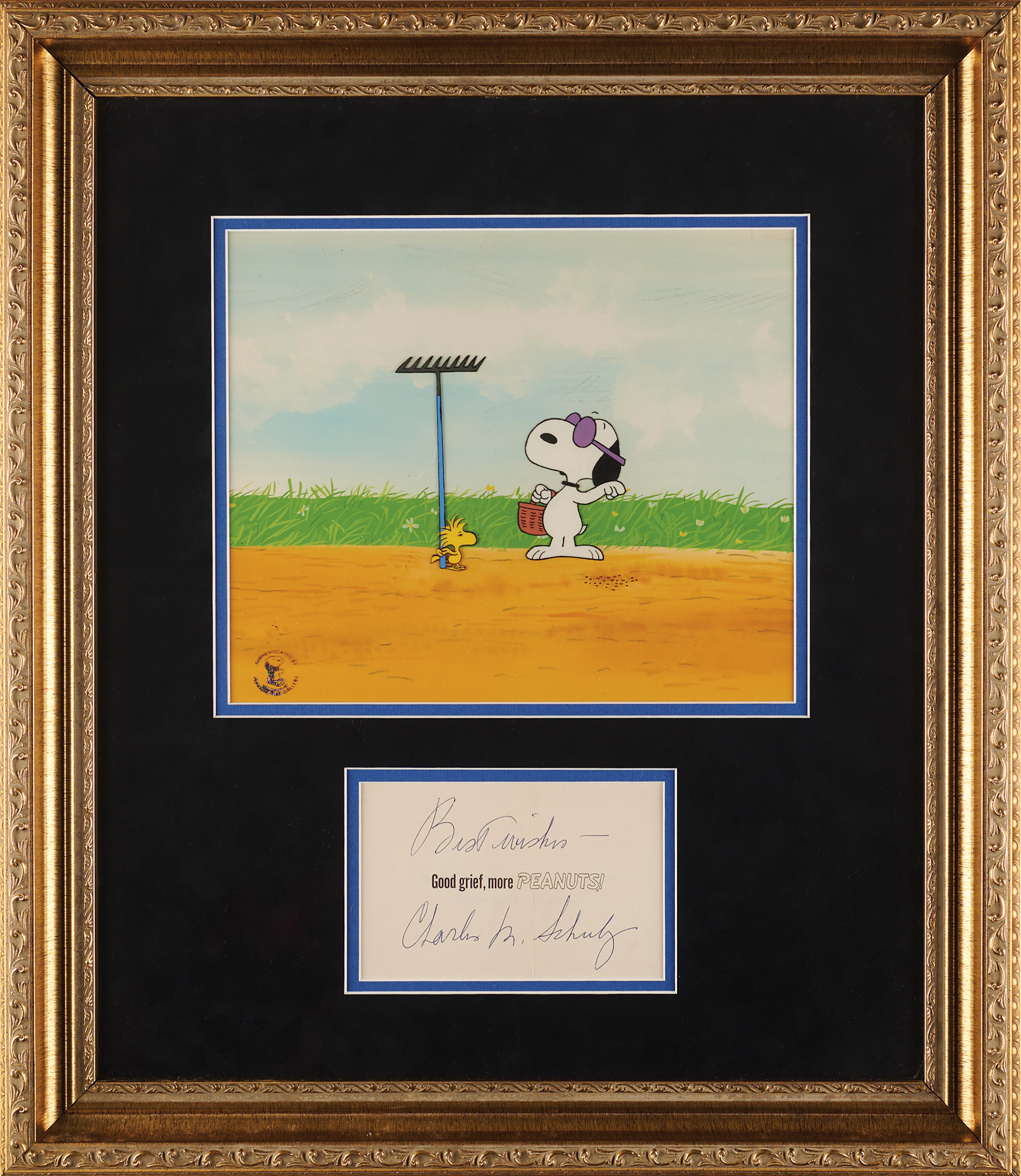 Charles Schulz Signature and Peanuts Production Cel with Snoopy and Woodstock