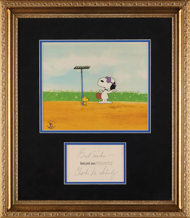 Charles Schulz Signature and Peanuts Production Cel with Snoopy and Woodstock