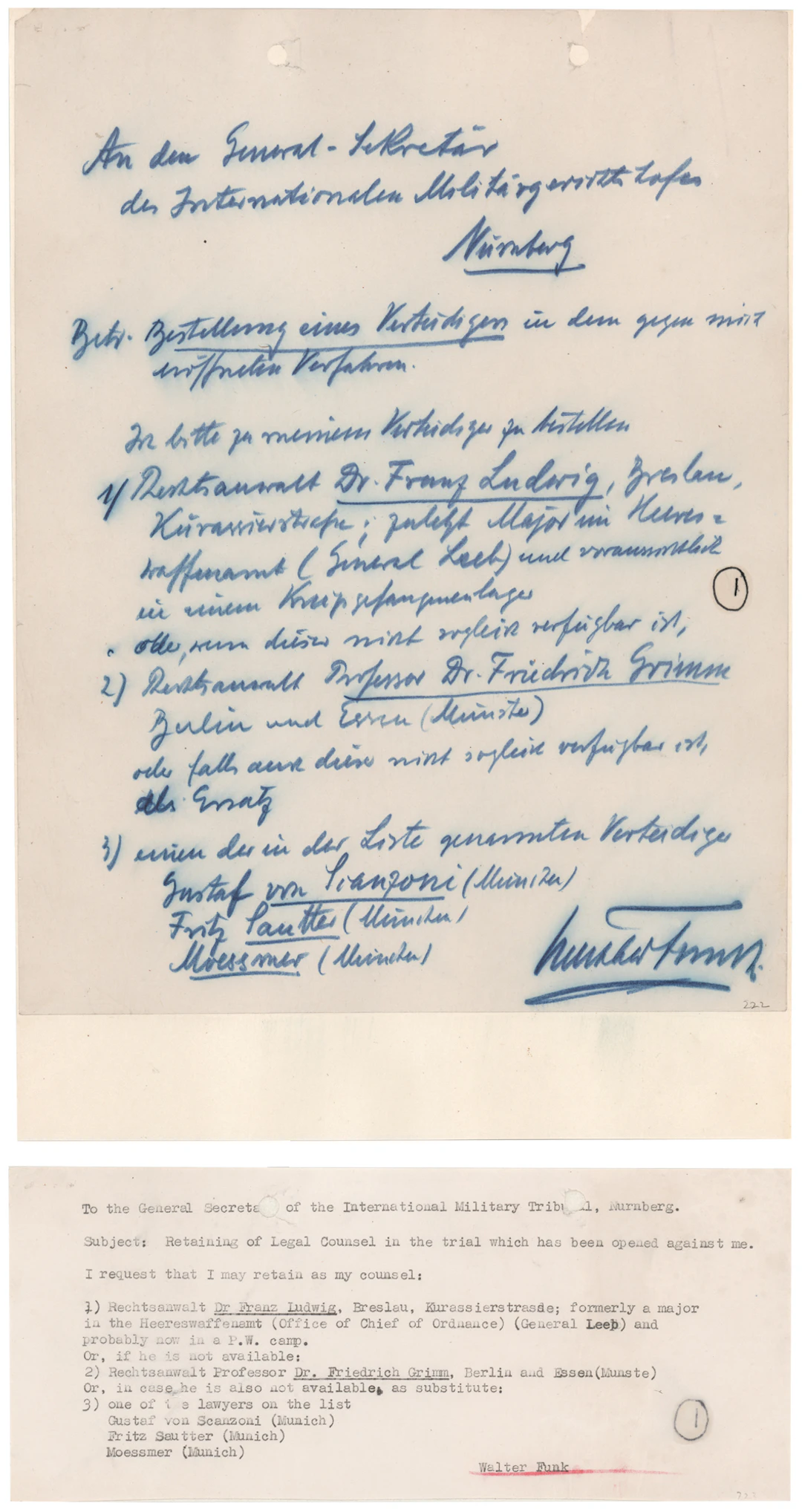 Walther Funk Autograph Document Signed, Naming His Preferred Attorney