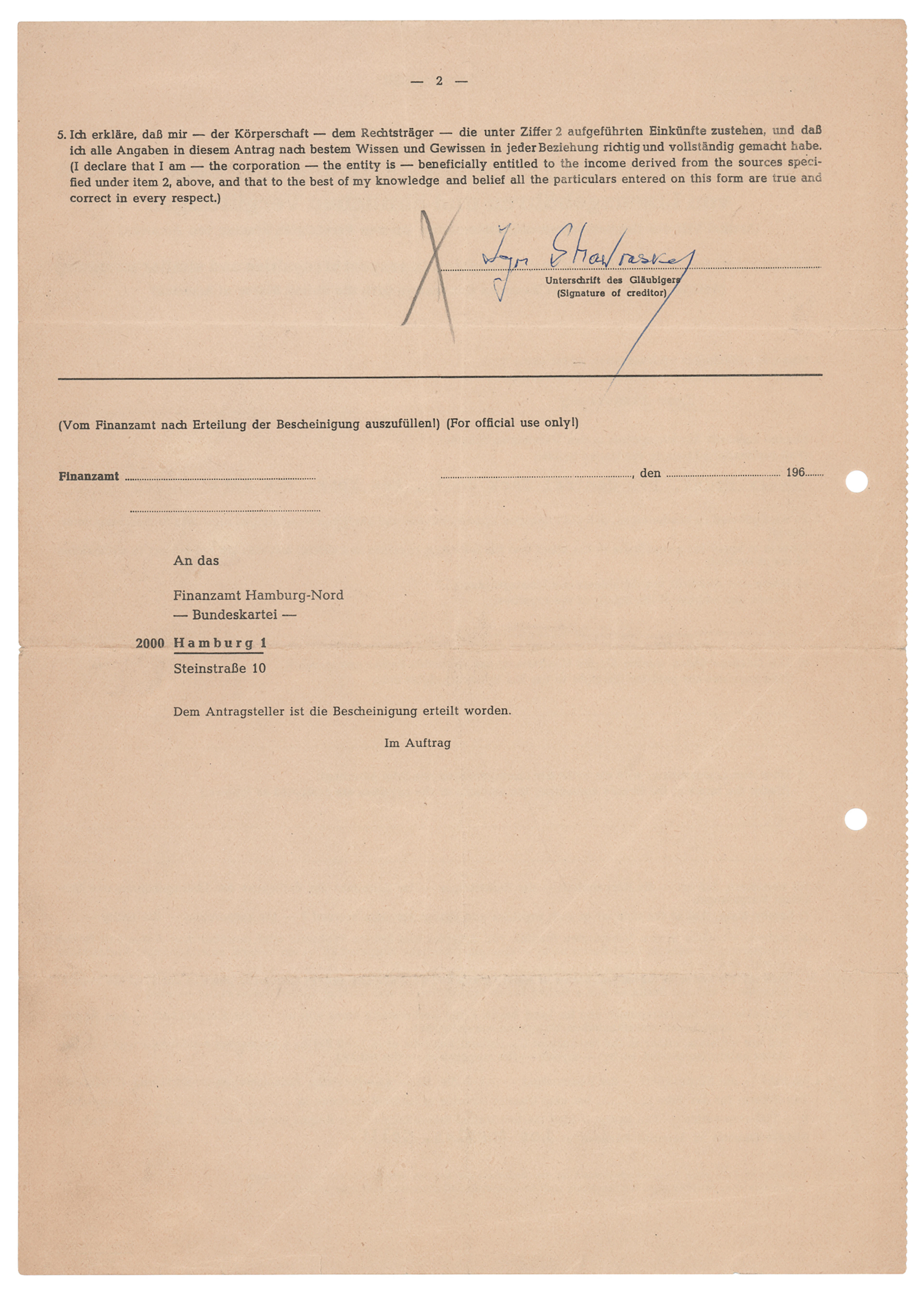 Igor Stravinsky Signed Royalty Tax Exemption Document