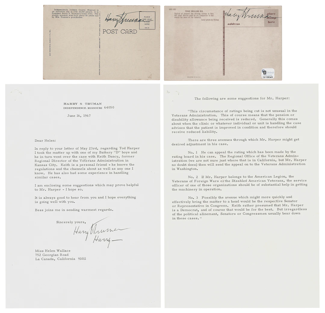 Harry S. Truman (3) Signed Items - Typed Letter and Postcards