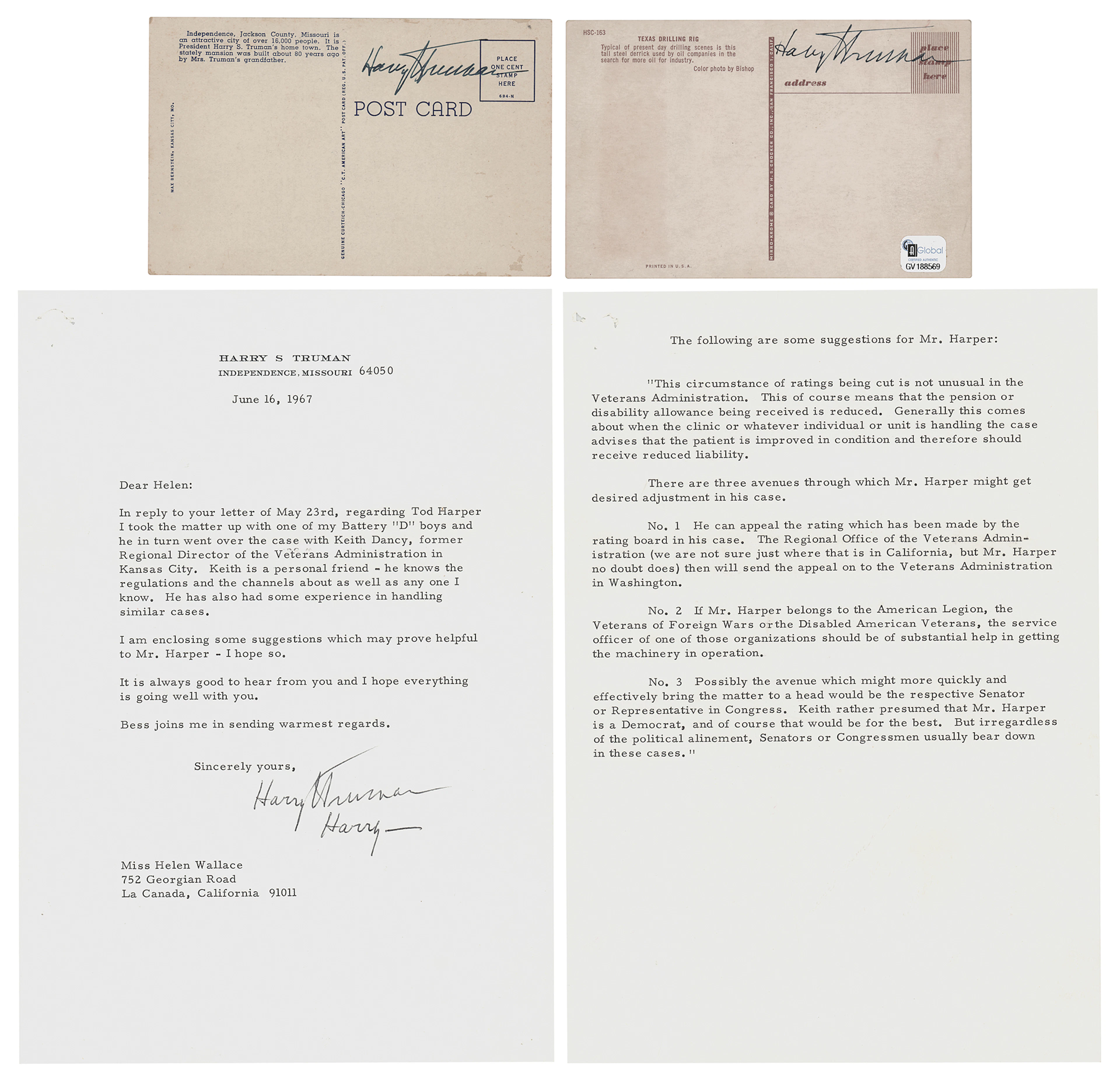 Harry S. Truman (3) Signed Items - Typed Letter and Postcards