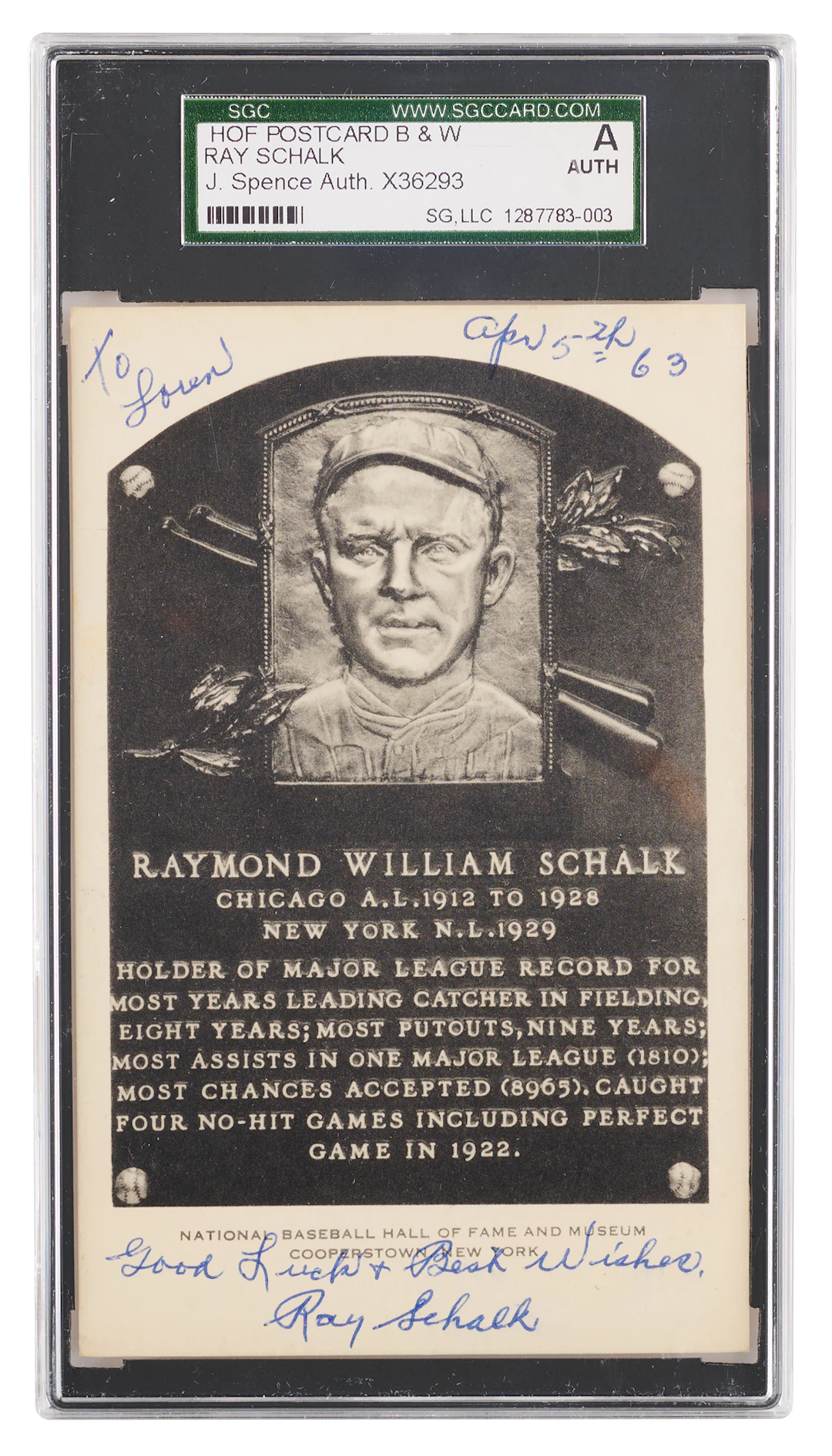 Ray Schalk Signed Hall of Fame Plaque Card
