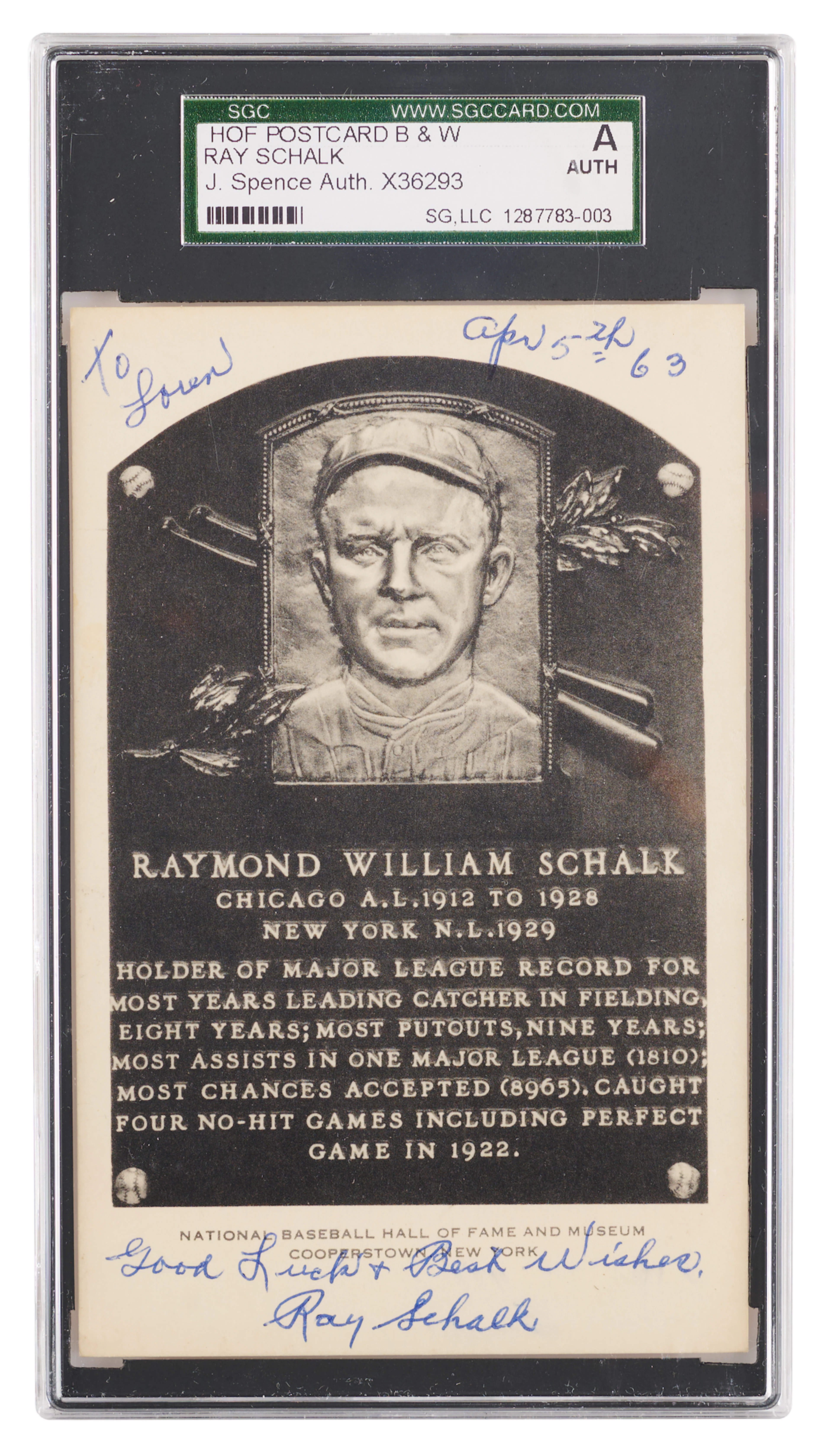Ray Schalk Signed Hall of Fame Plaque Card