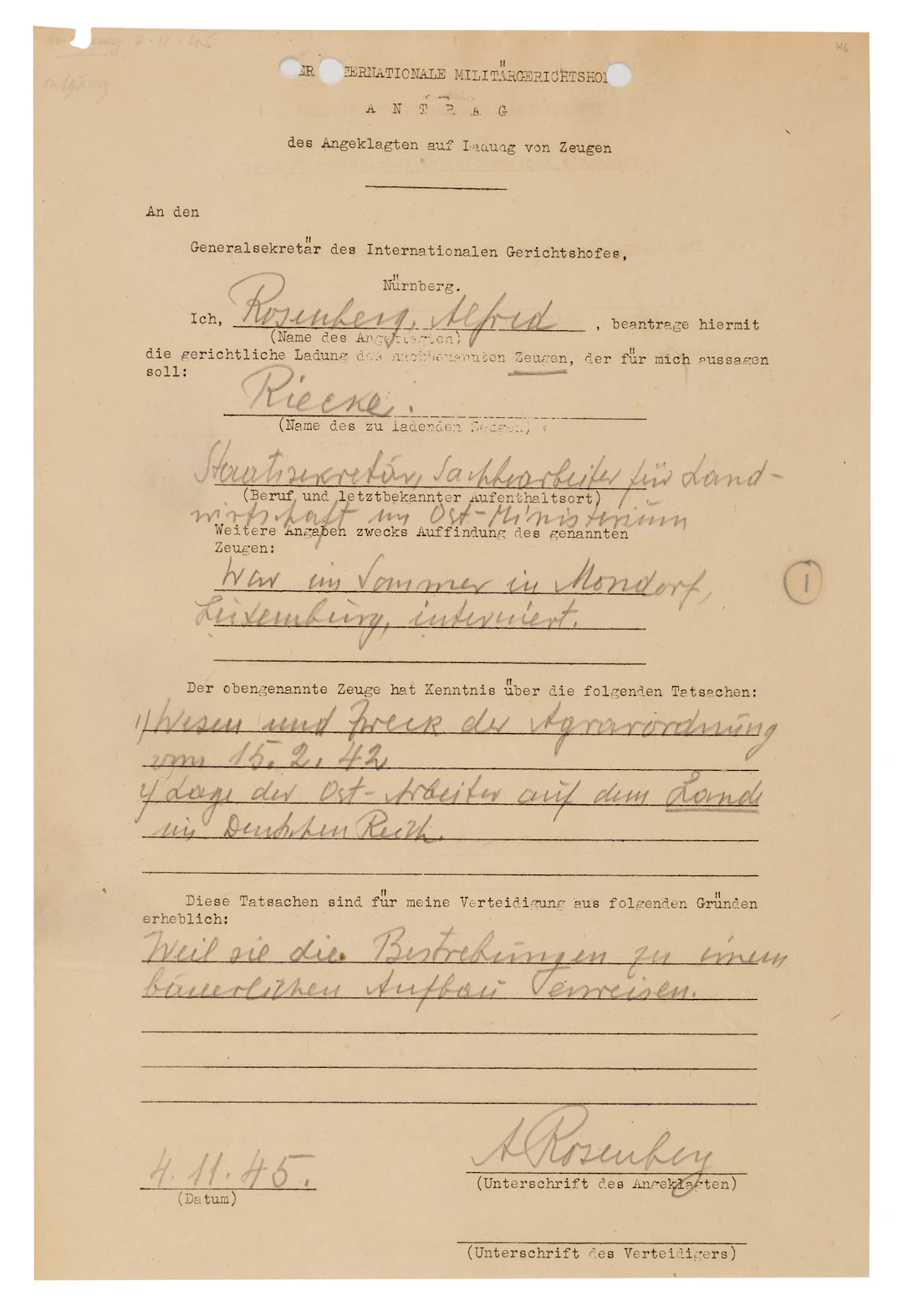 Alfred Rosenberg Document Signed at Nuremberg, Calling the Architect