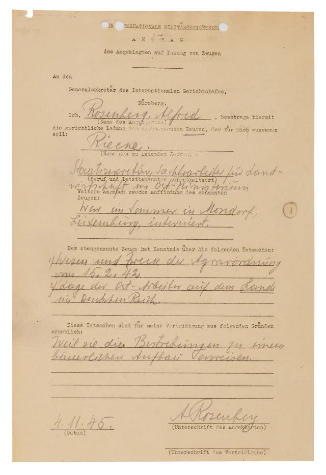 Alfred Rosenberg Document Signed at Nuremberg, Calling the Architect