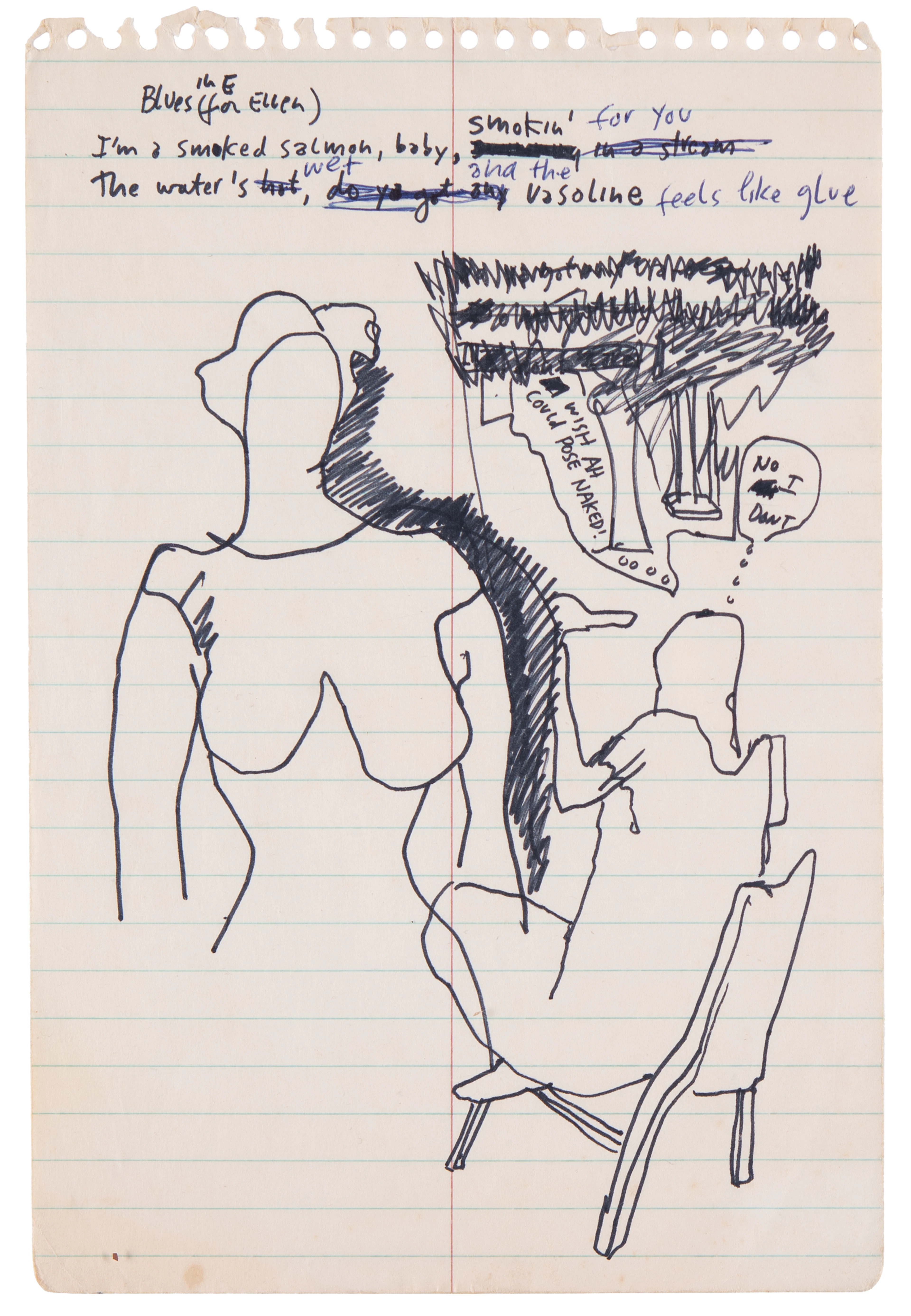 Bob Dylan Original Drawing and Lyric Fragment: "Blues in E (for Ellen)"