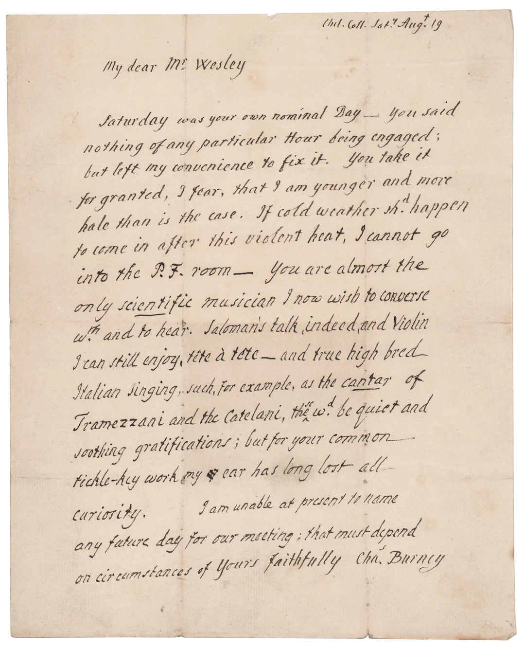 Charles Burney Autograph Letter Signed to Samuel Wesley on Music and