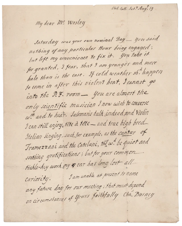 Charles Burney Autograph Letter Signed to Samuel Wesley on Music and