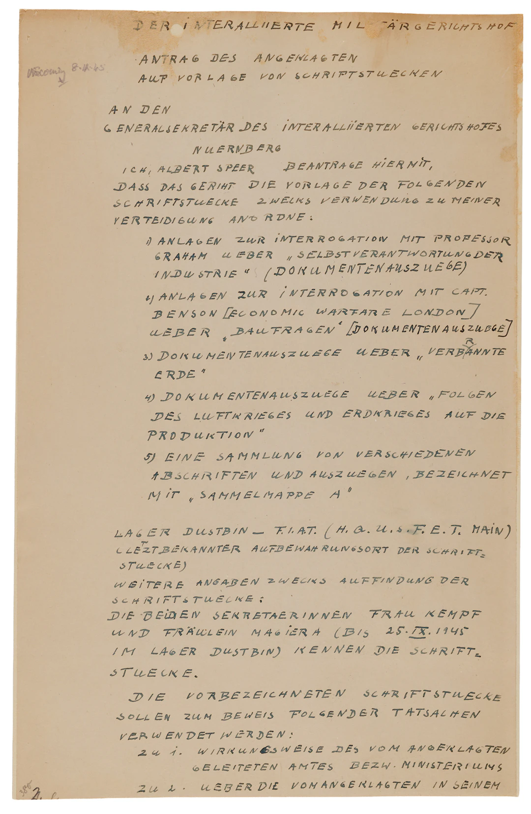 Albert Speer Autograph Document Signed at Nuremberg, Requesting the