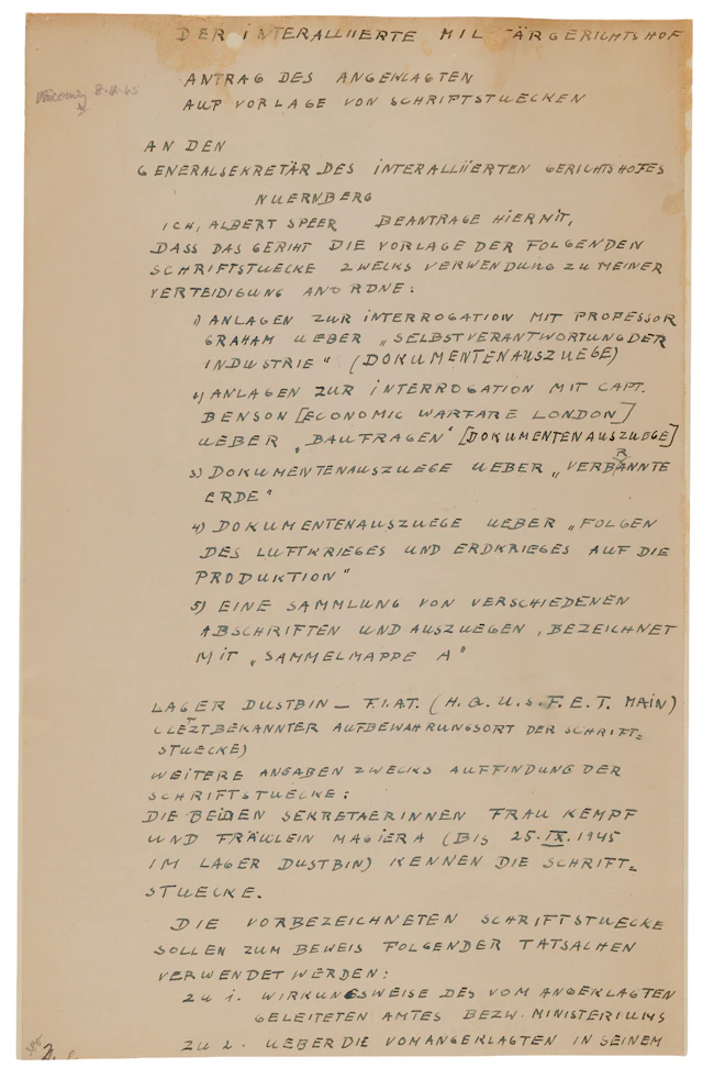 Albert Speer Autograph Document Signed at Nuremberg, Requesting the