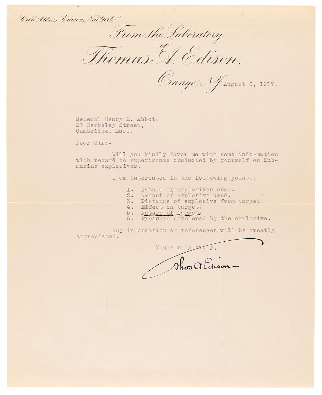 Thomas Edison World War I-Dated Typed Letter Signed on "coast defense