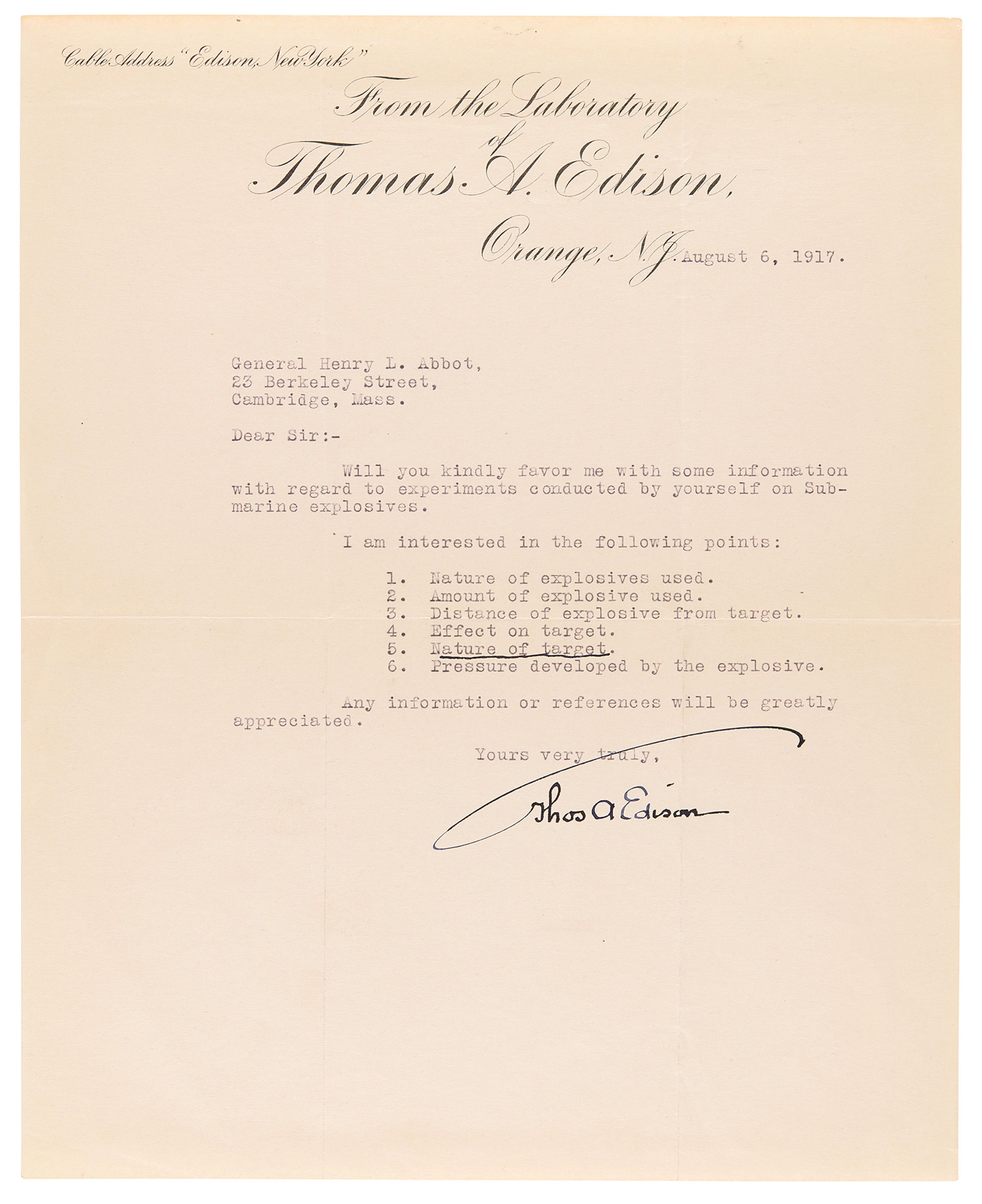 Thomas Edison World War I-Dated Typed Letter Signed on "coast defense