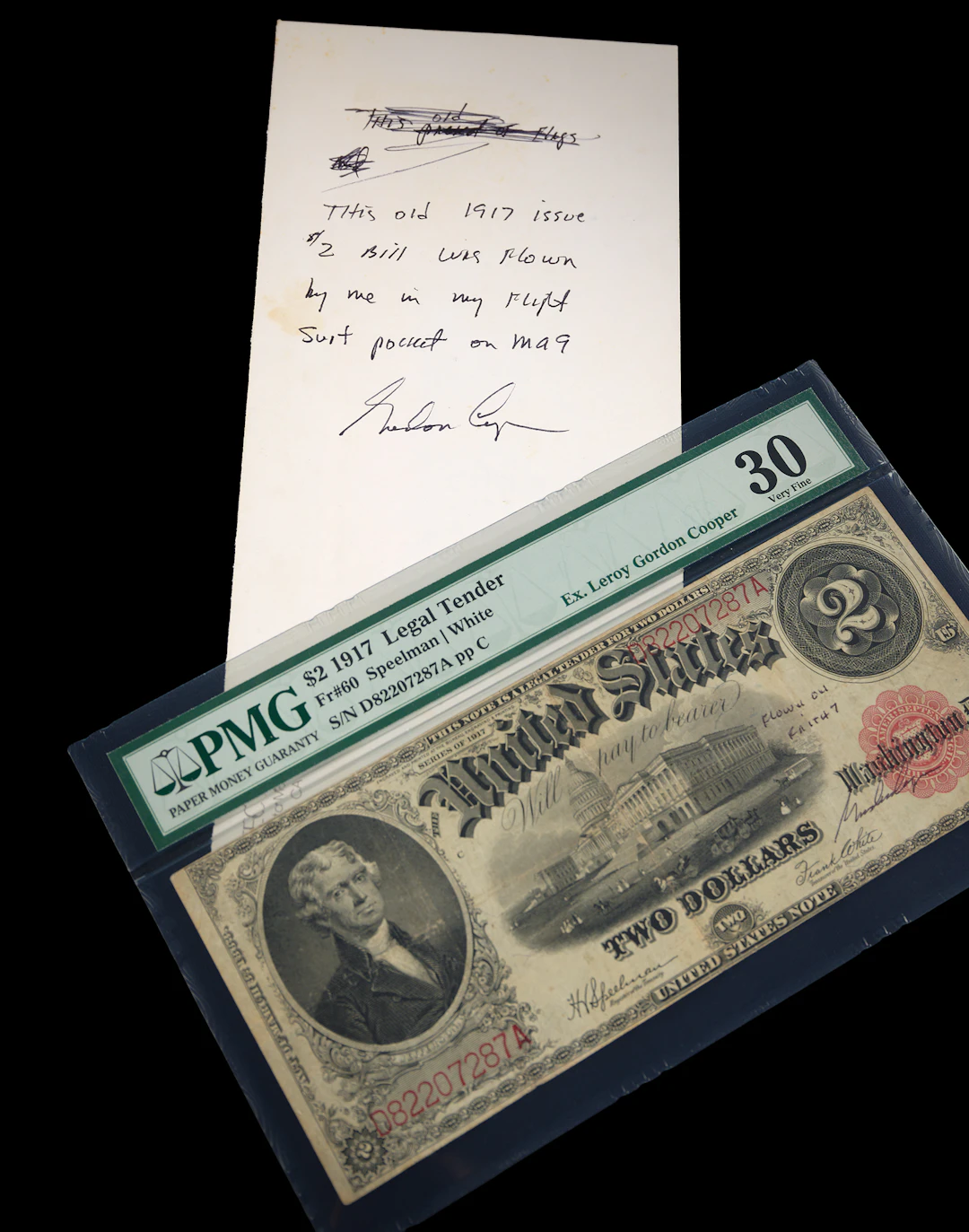 Mercury-Atlas 9 Faith 7 Flown $2 Dollar Bill, Signed by Gordon Cooper