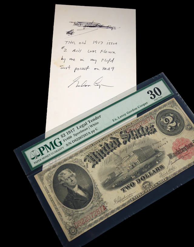 Mercury-Atlas 9 Faith 7 Flown $2 Dollar Bill, Signed by Gordon Cooper