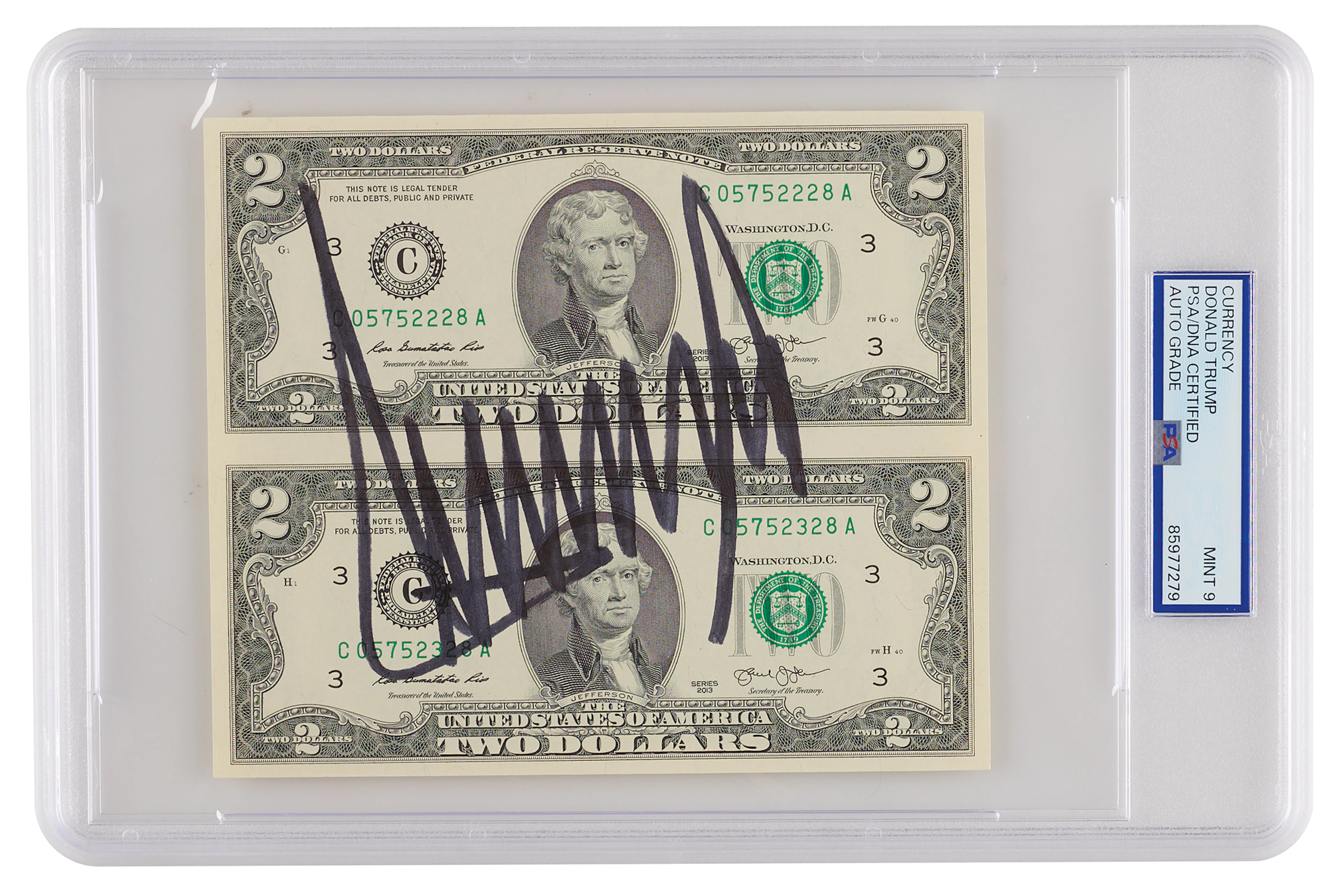 Donald Trump Signed Uncut $2 Dollar Bills - PSA MINT 9