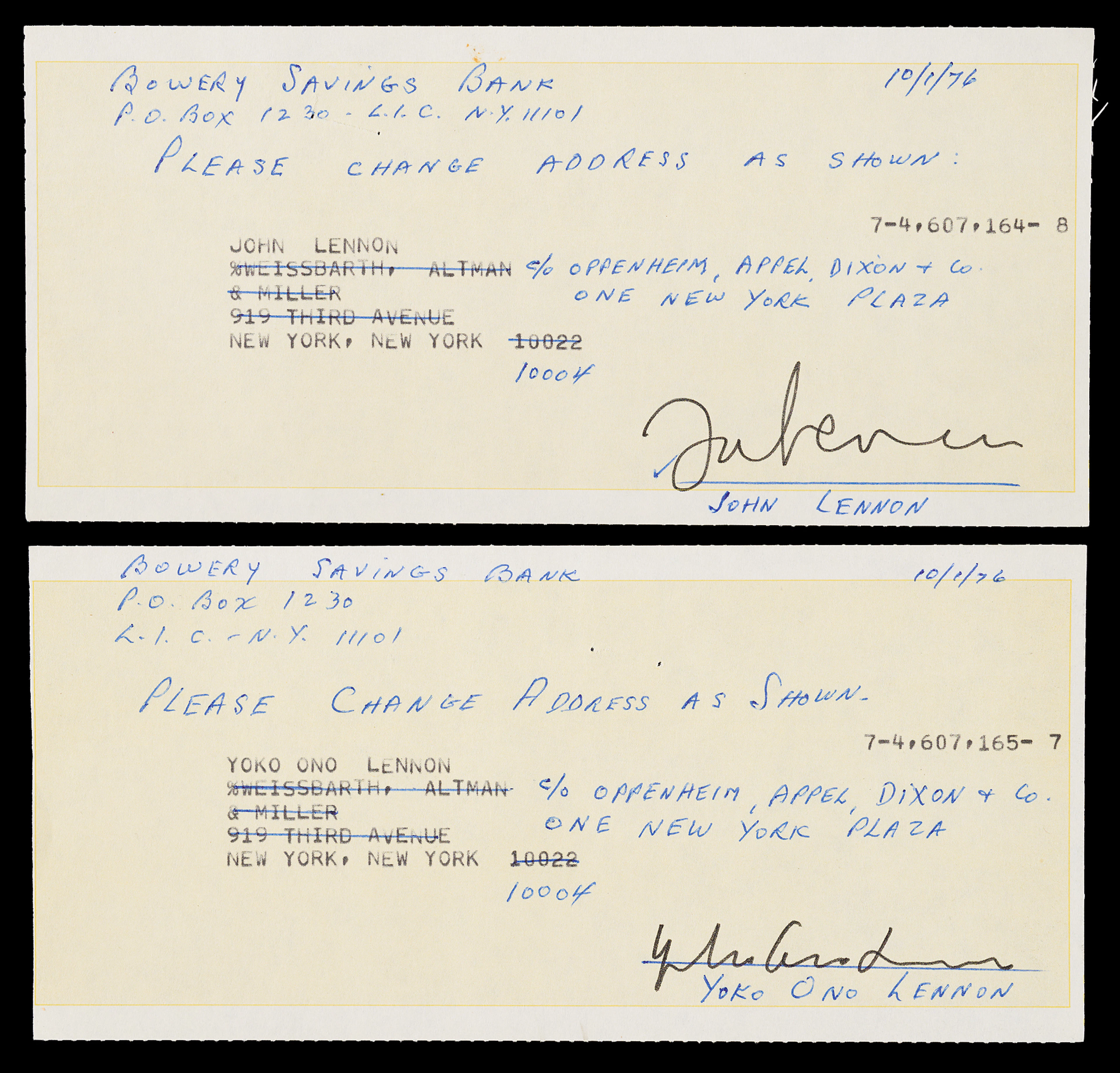 John Lennon and Yoko Ono Signed New York Bank Documents (1976) - Approving